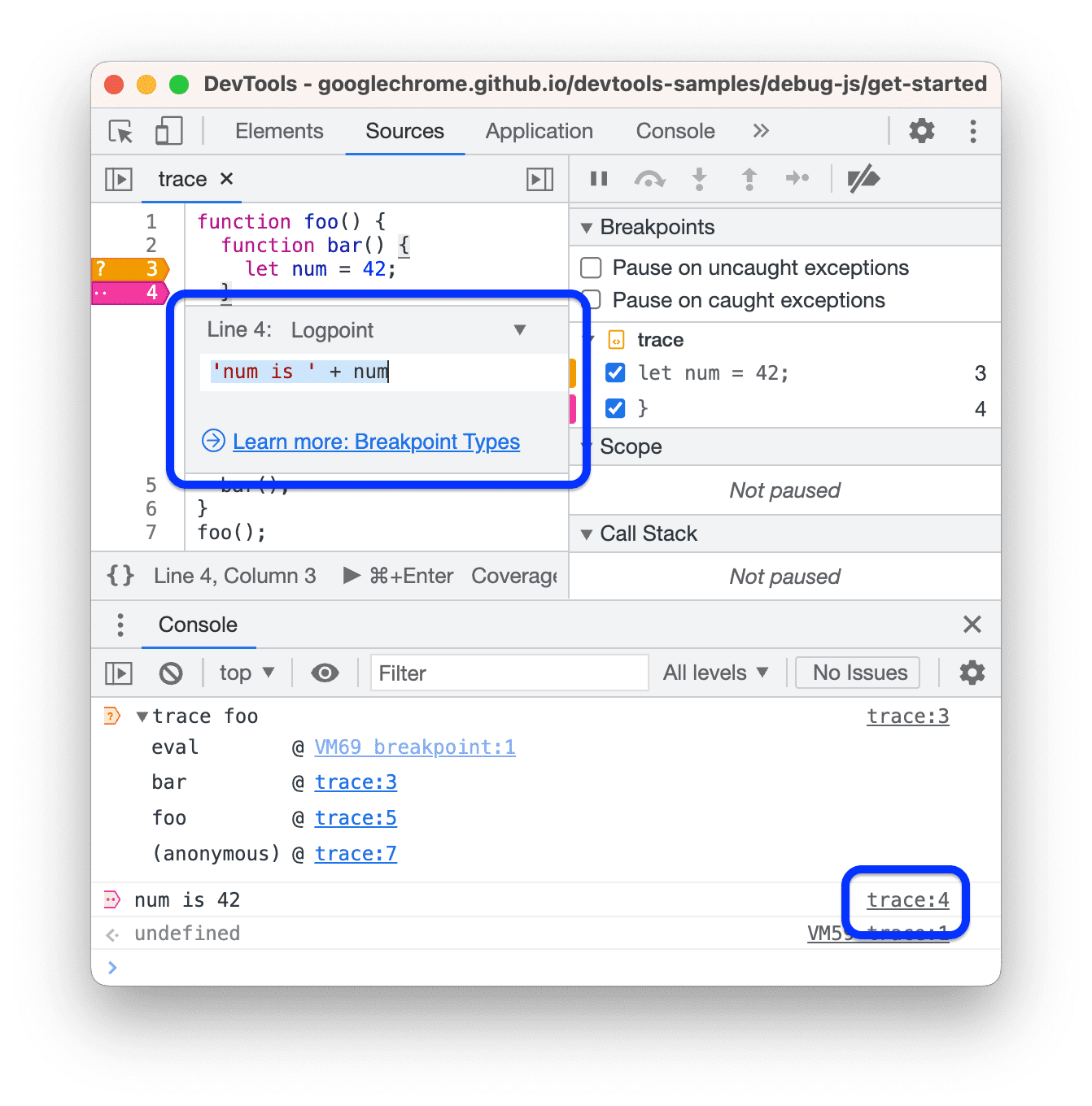 O link fixo ao lado de uma mensagem de logpoint que abre o editor do ponto de interrupção.