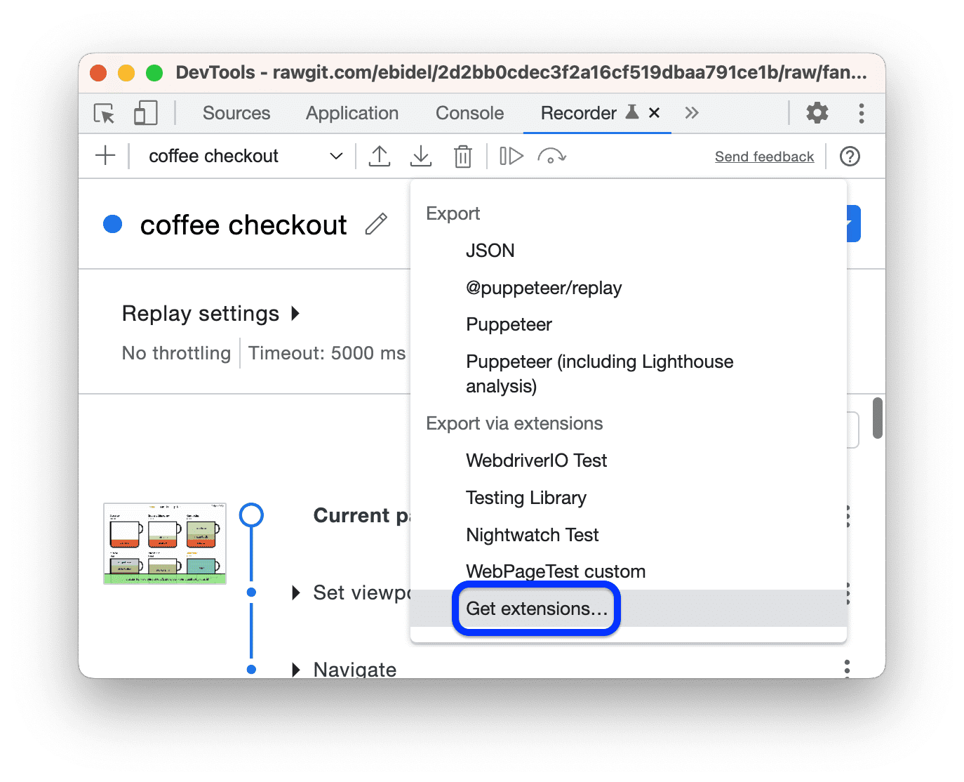 Die Option „Erweiterungen abrufen“ im Drop-down-Menü „Exportieren“.