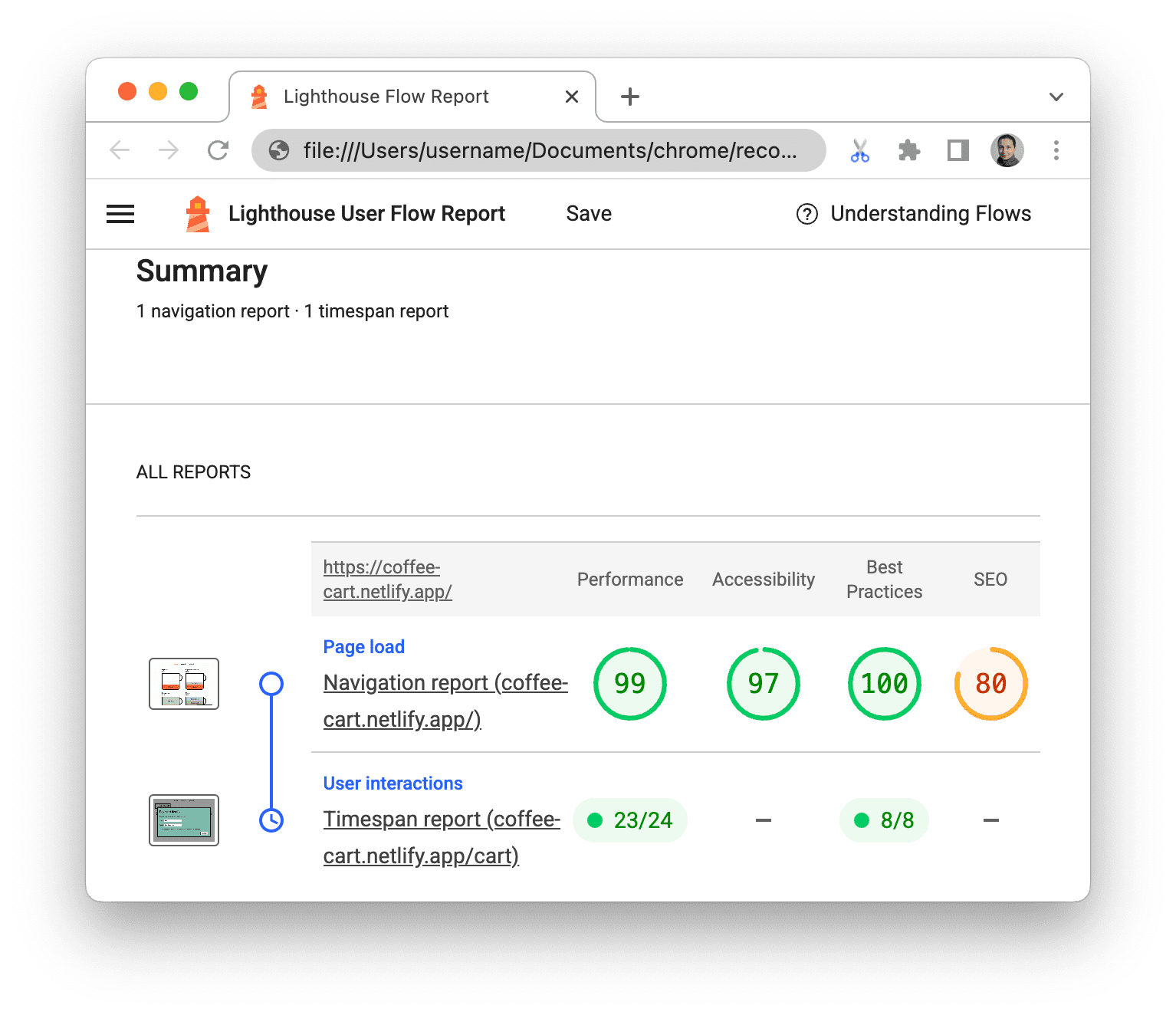 Laporan Lighthouse dibuka di Chrome.