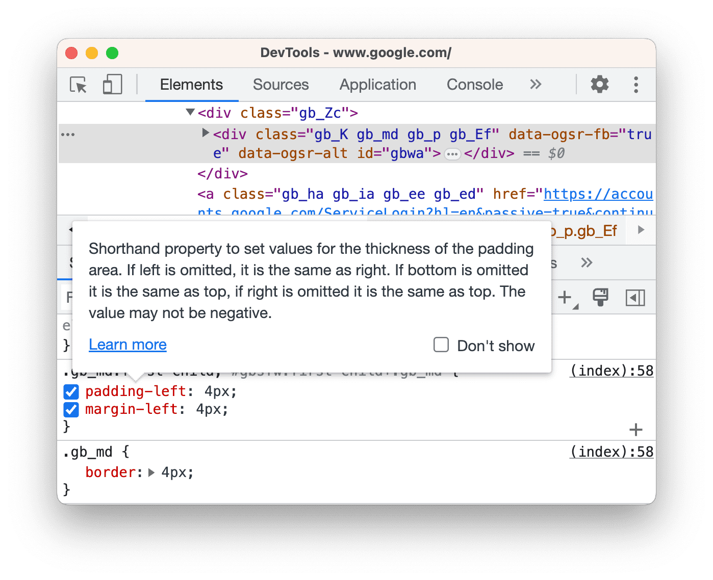 Info-bulle avec la documentation d&#39;une propriété CSS.