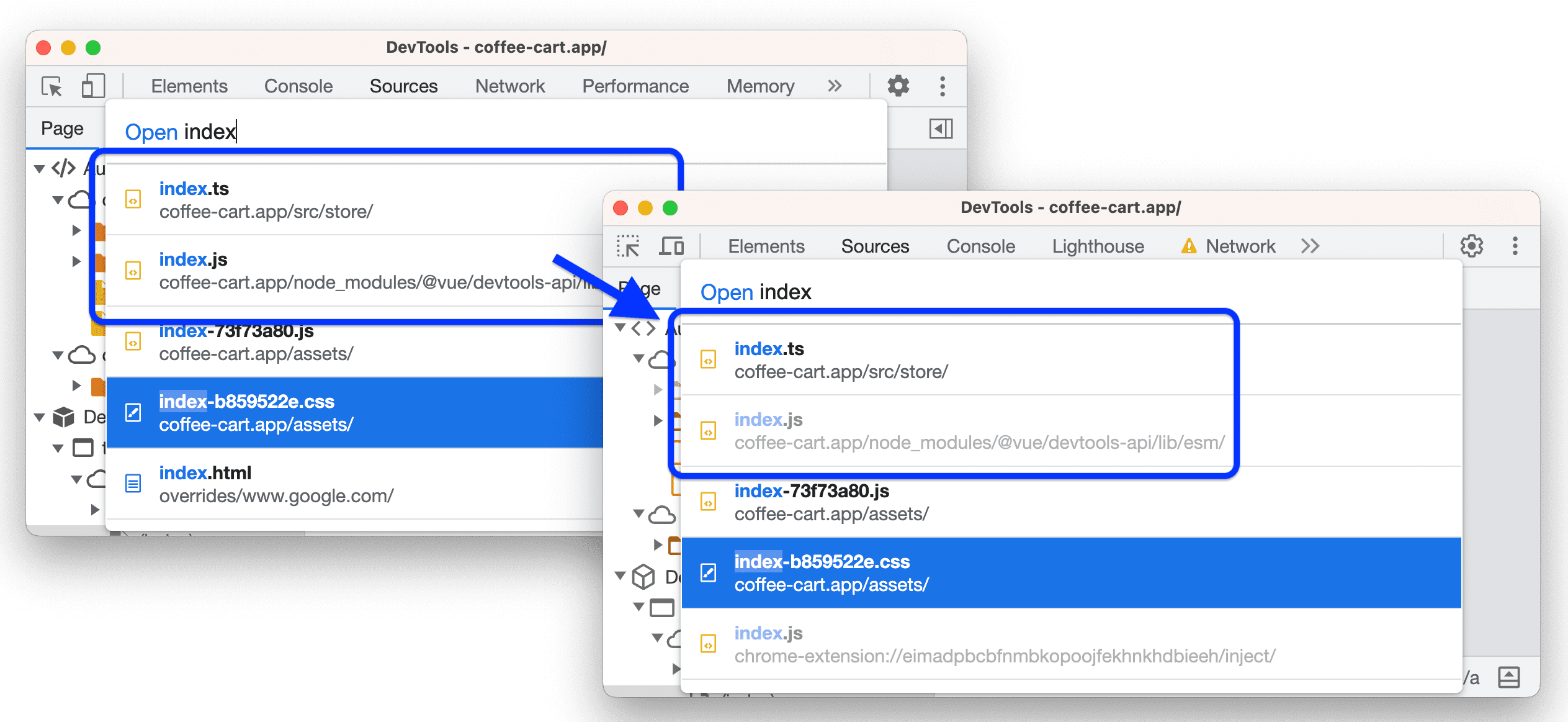 An ignore-listed script in the quick open dialog before and after the change.