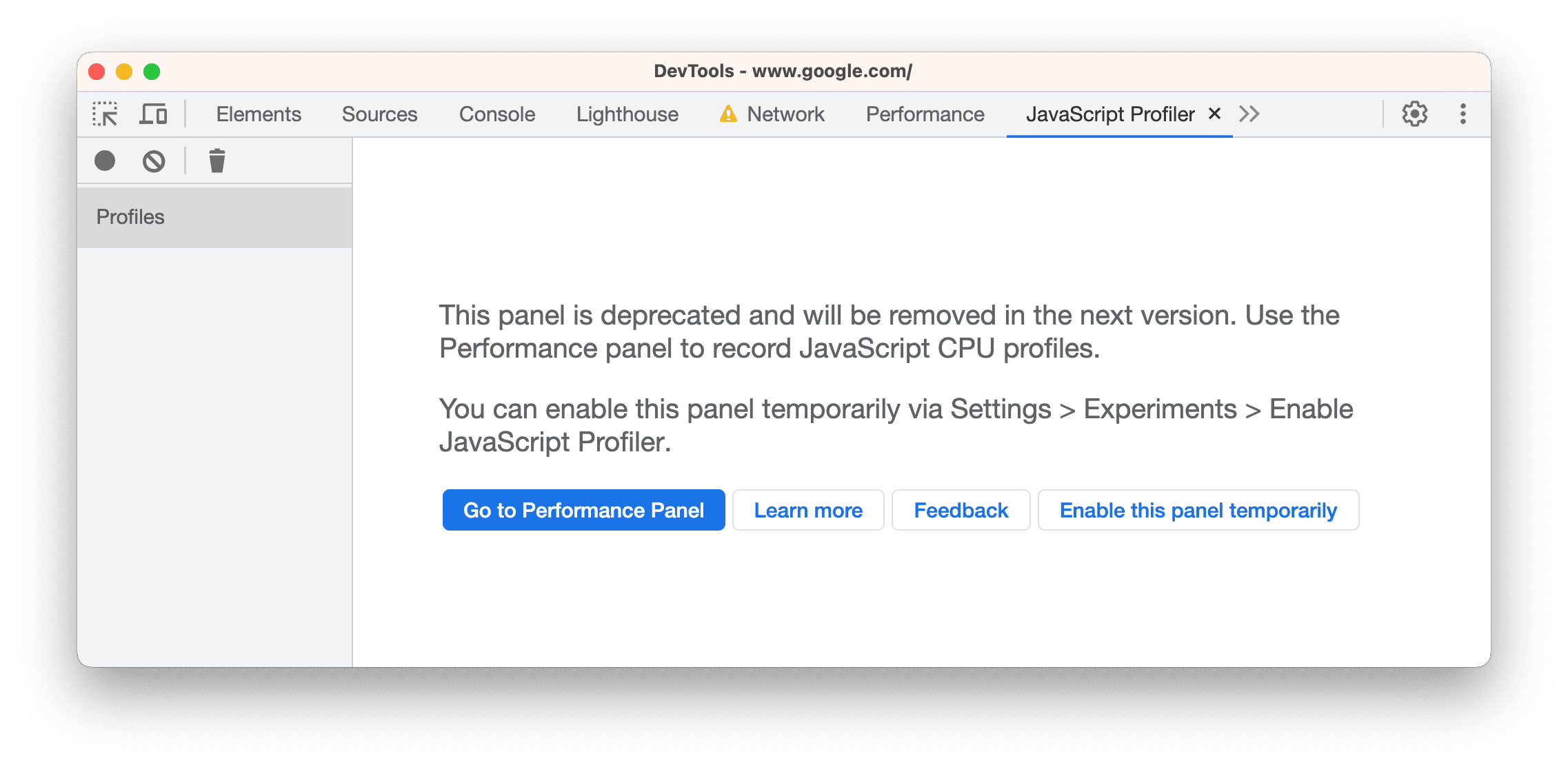 Descontinuação do JavaScript Profiler.