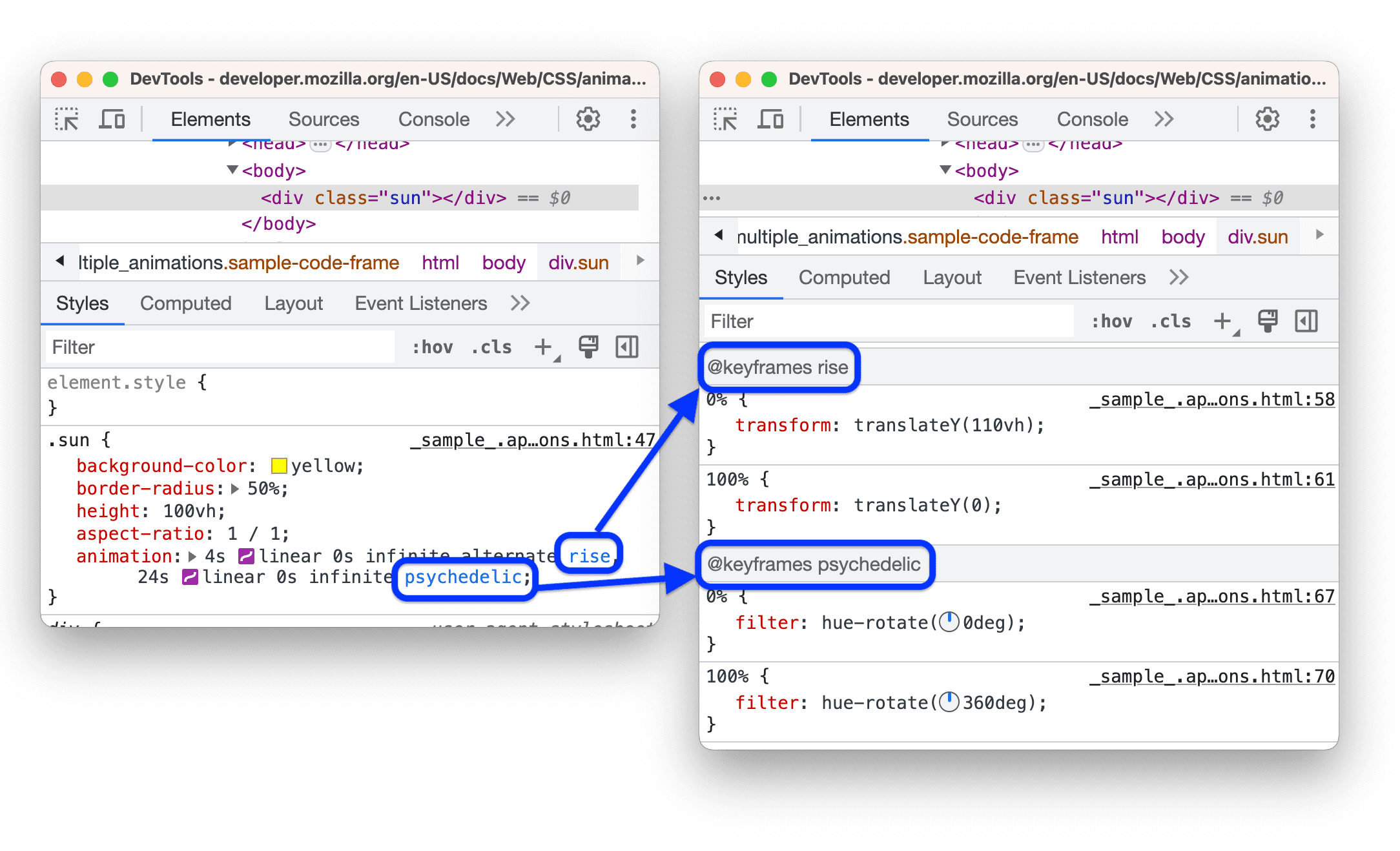 Links para os frames-chave na propriedade abreviada da animação.