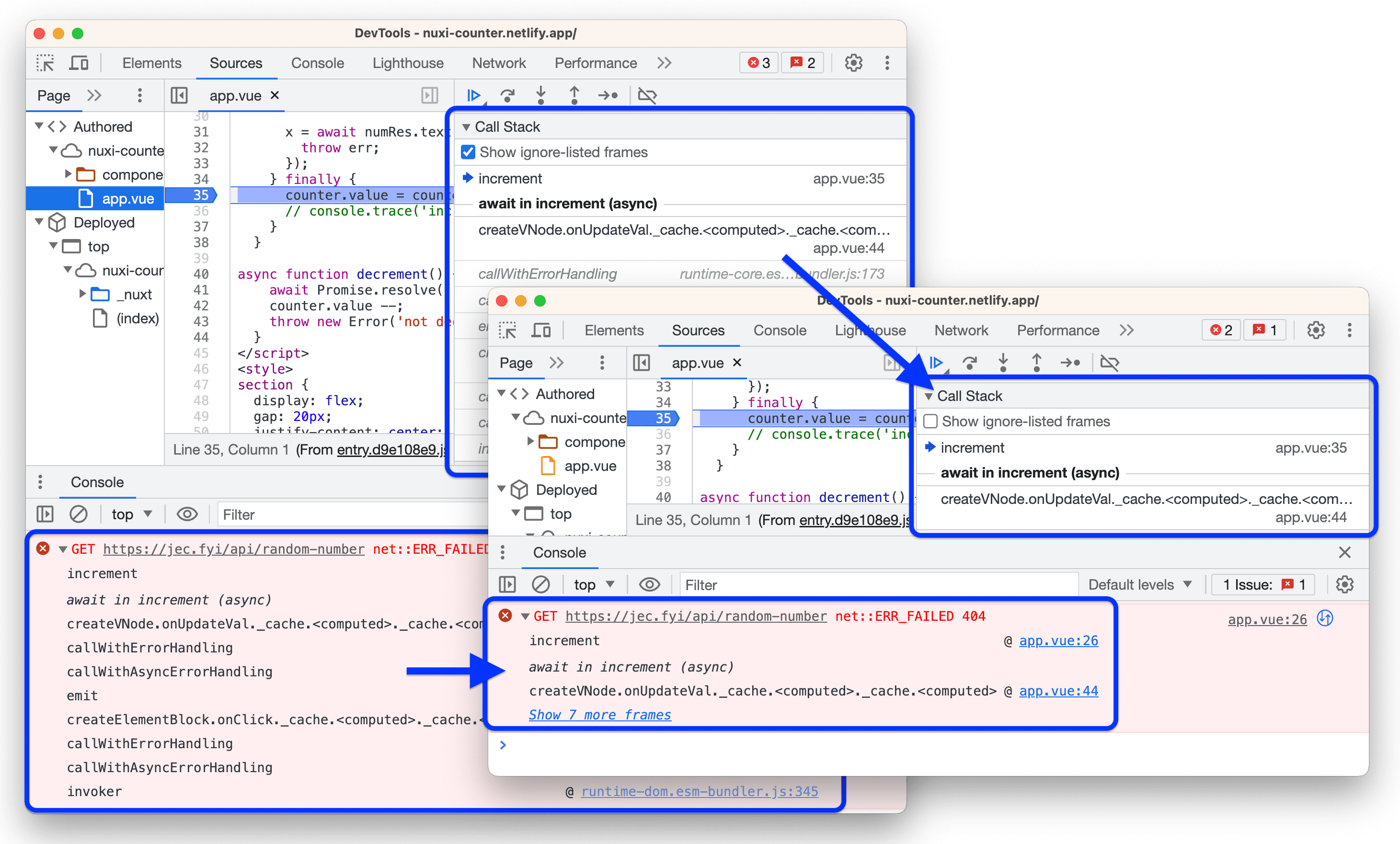 Stack trace sebelum dan sesudah mengaktifkan daftar abaikan pihak ketiga.