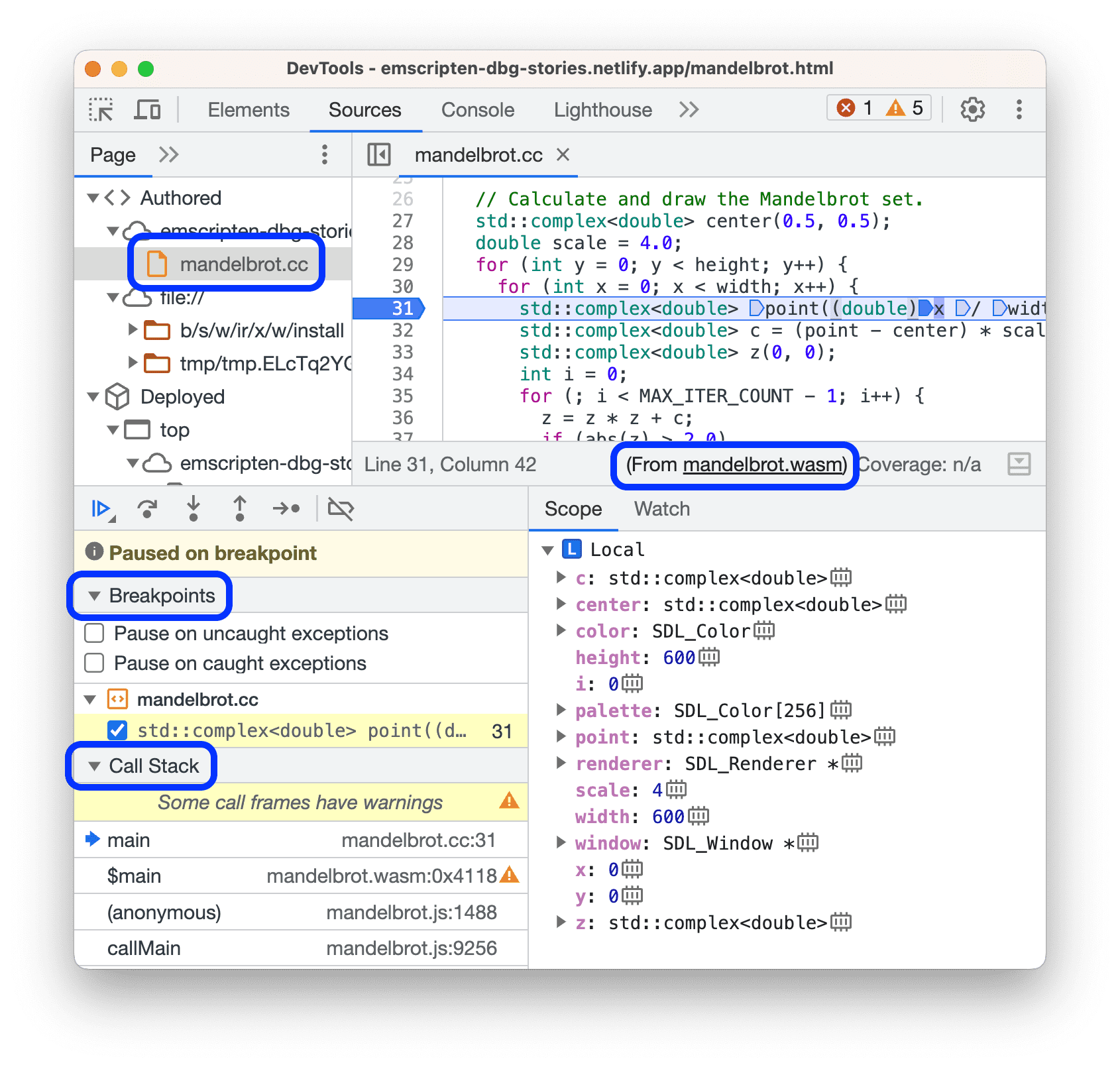 Una aplicación de Wasm pausada en el Debugger.