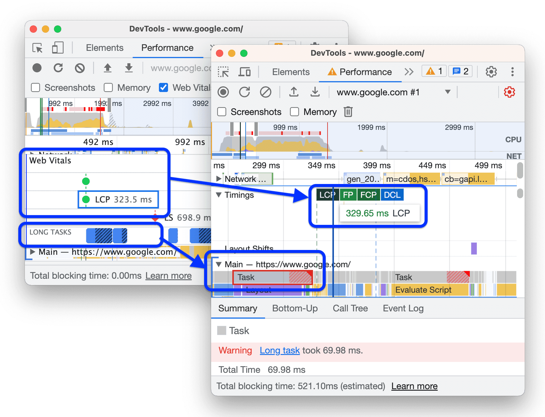 Avant et après le transfert des métriques Web Vitals vers la piste &quot;Timings&quot;.