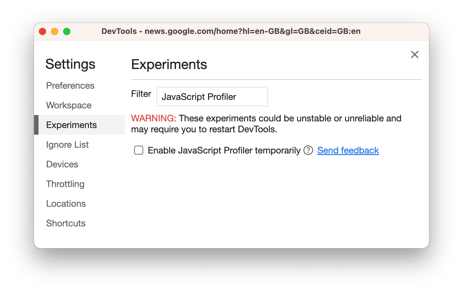 Caixa de seleção do criador de perfil do JavaScript em &quot;Configurações&quot; e &quot;Experimentos&quot;.