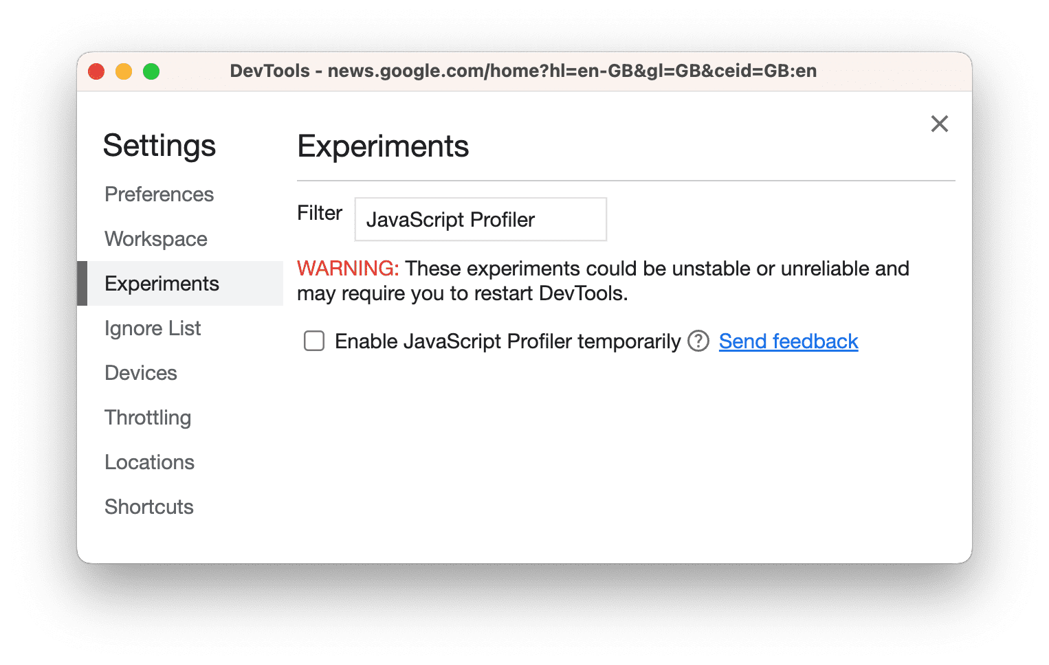 Casella di controllo del profiler JavaScript in Impostazioni, poi Esperimenti.