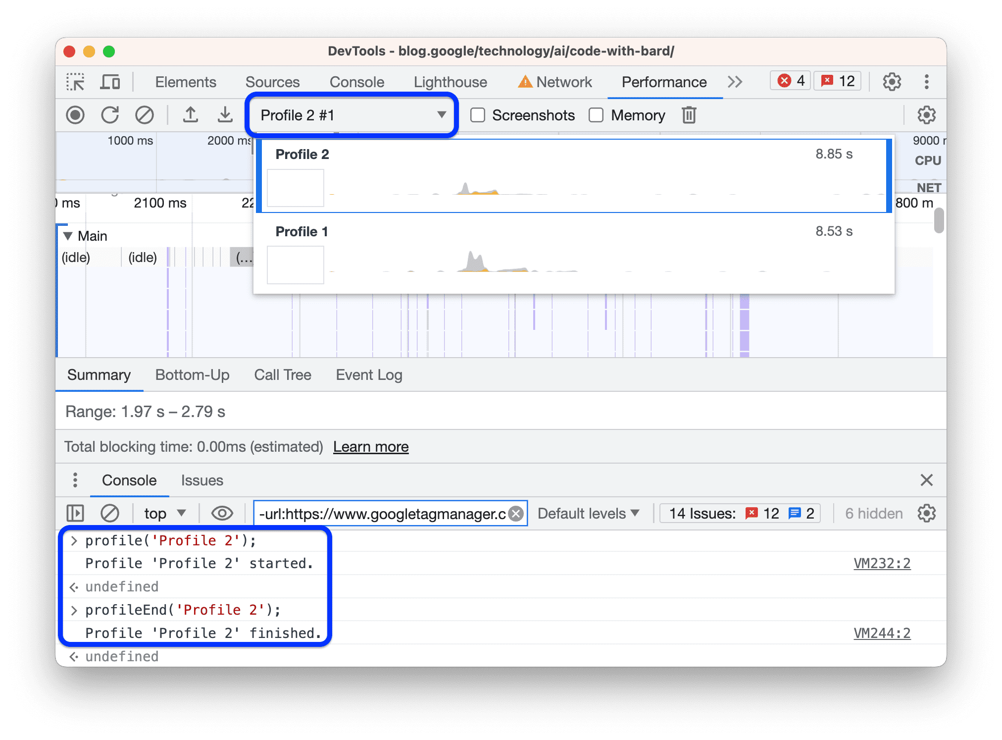 Perintah console() membuat profil di panel Performa.