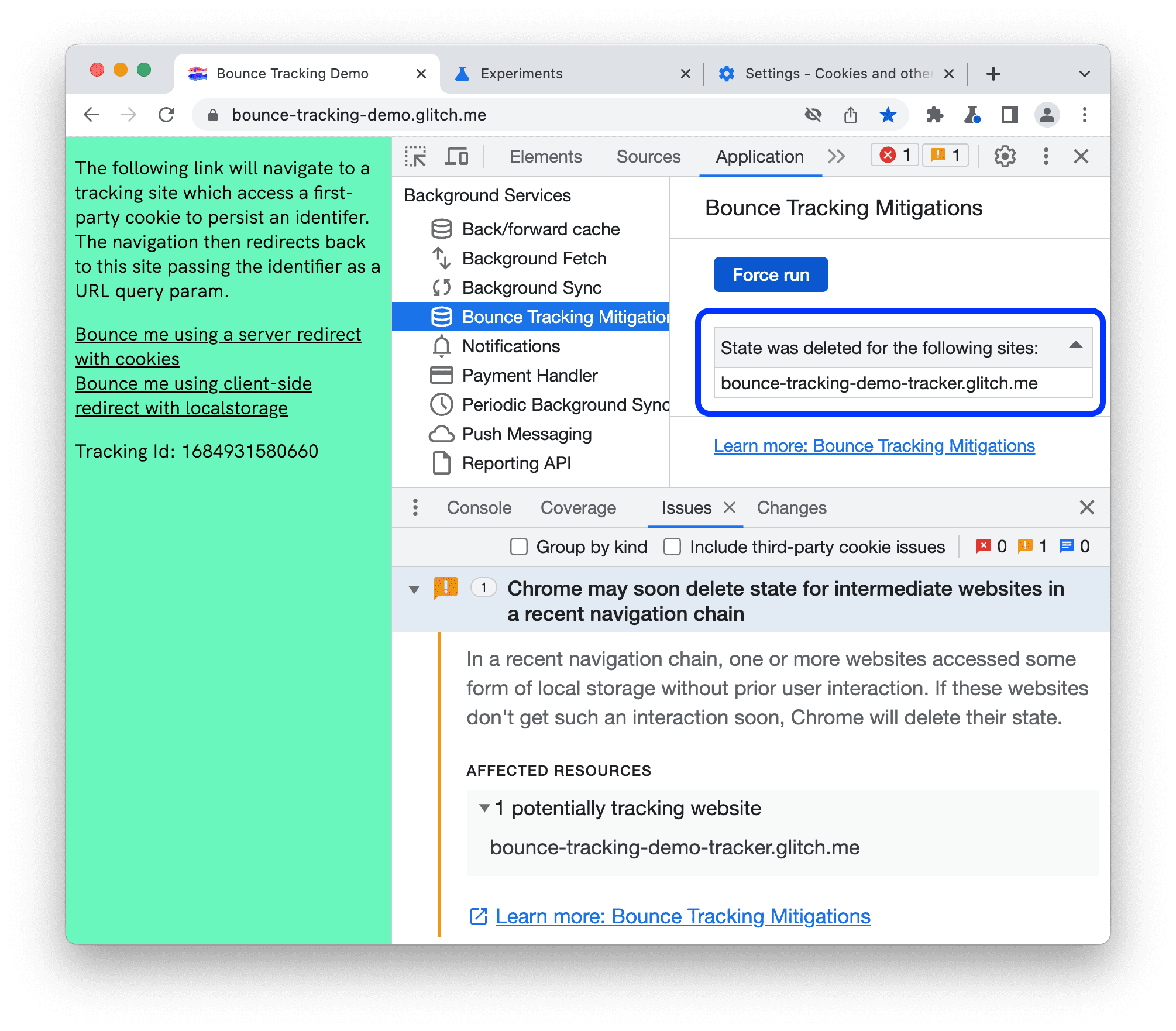 Bounce Tracking Mitigations vermeldt een statusverwijdering.