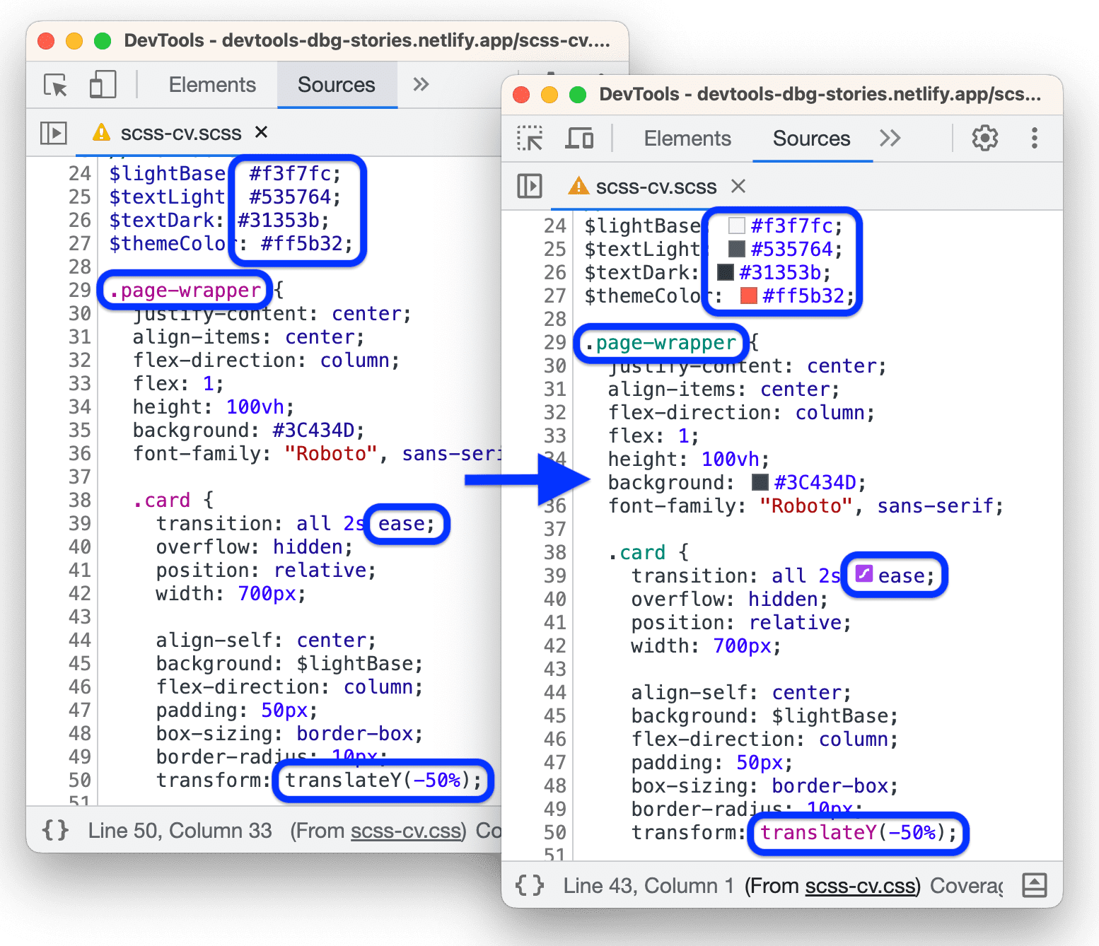 改善「來源」中的 CSS 語法醒目顯示和內嵌編輯器支援。