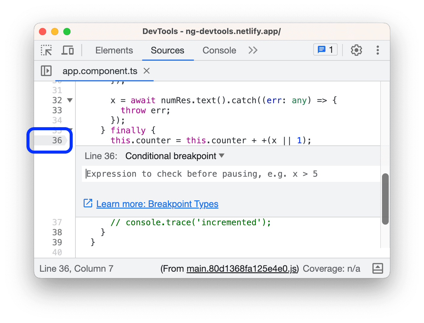 The line number in the left column and the breakpoint dialog.