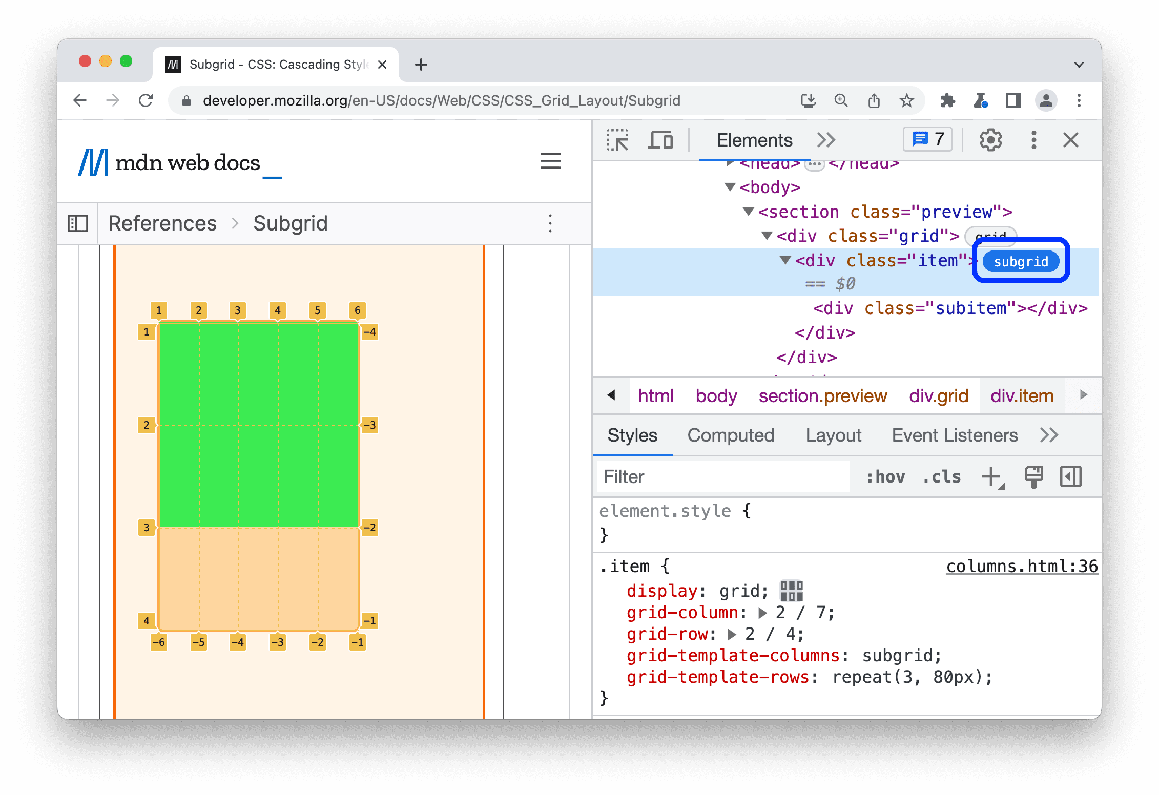 De subgrid-badge en de overlay in de viewport.