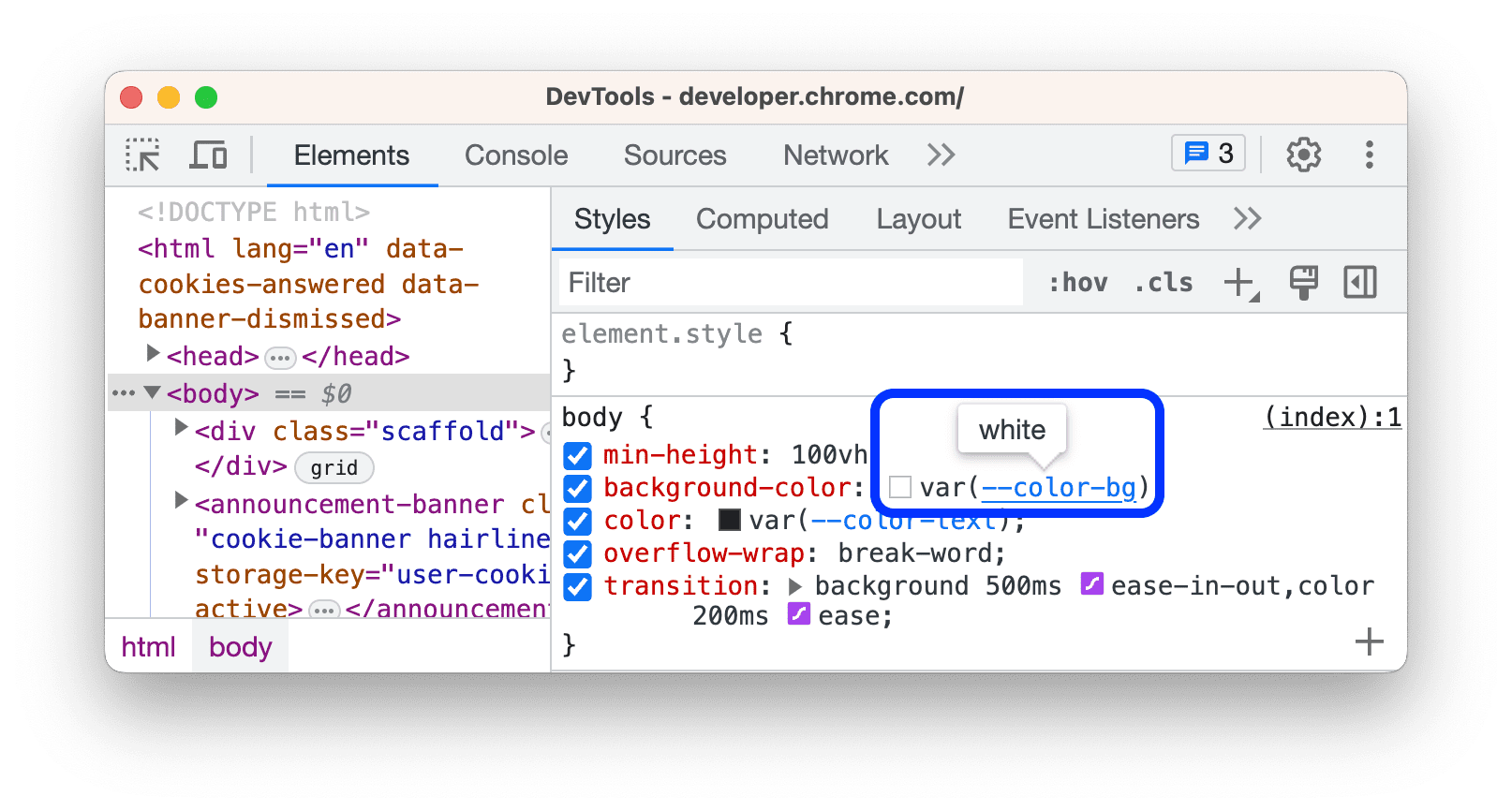 التلميح الذي يتضمّن قيمة لخاصية CSS المخصّصة