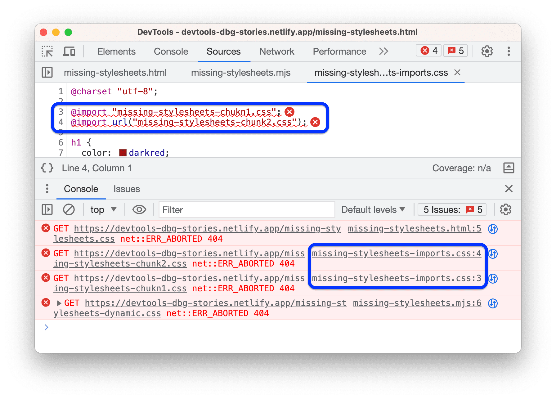 O console fornece links para as linhas exatas com declarações problemáticas.