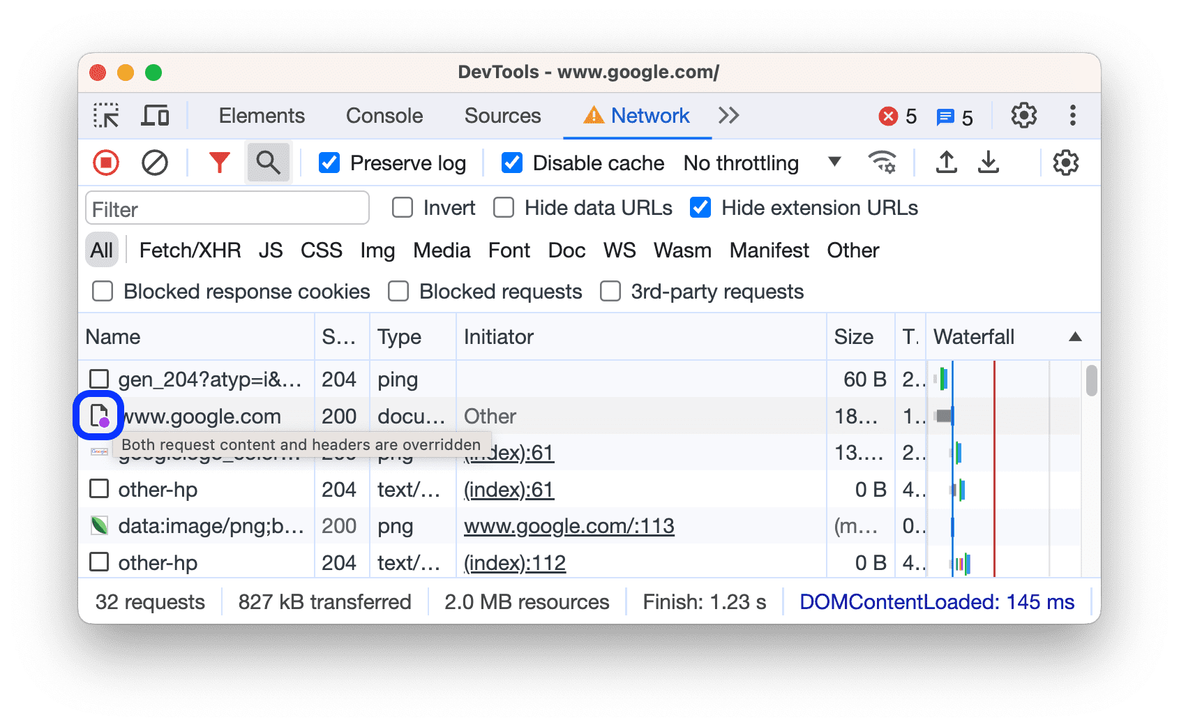 Ein Überschreibungssymbol neben einer Anfrage im Bereich „Netzwerk“.