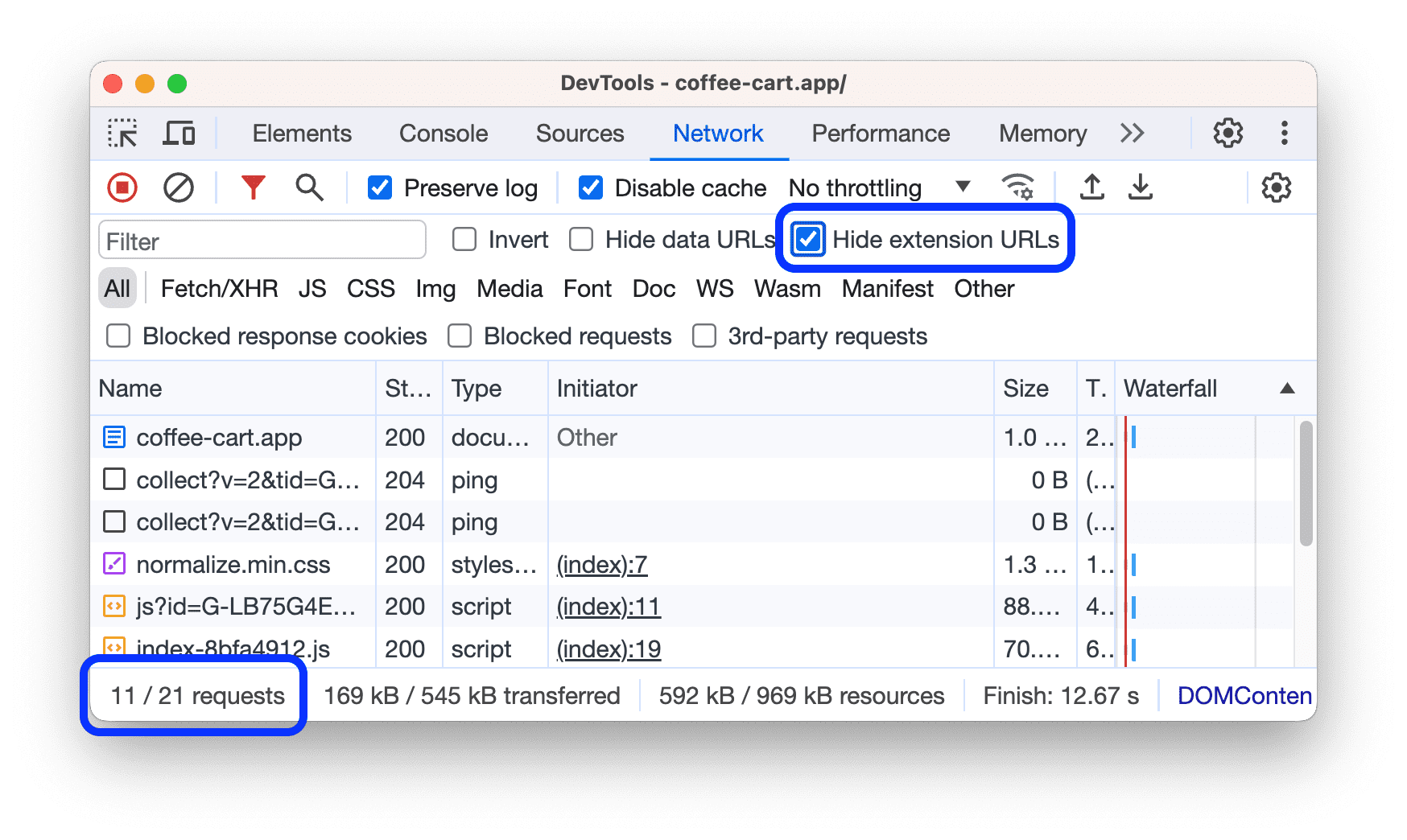 リクエスト テーブルで非表示になっている拡張機能の URL。