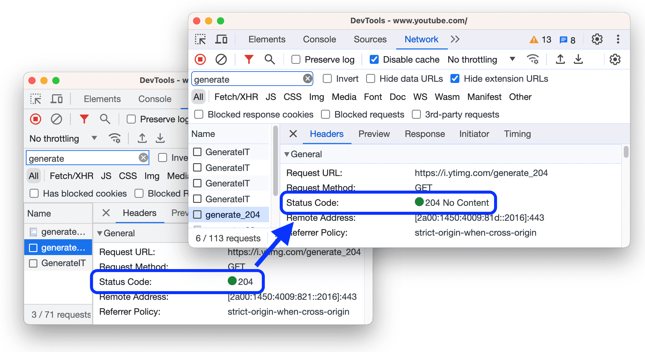 Vorher und nachher werden lesbare HTTP-Statuscodes angezeigt.