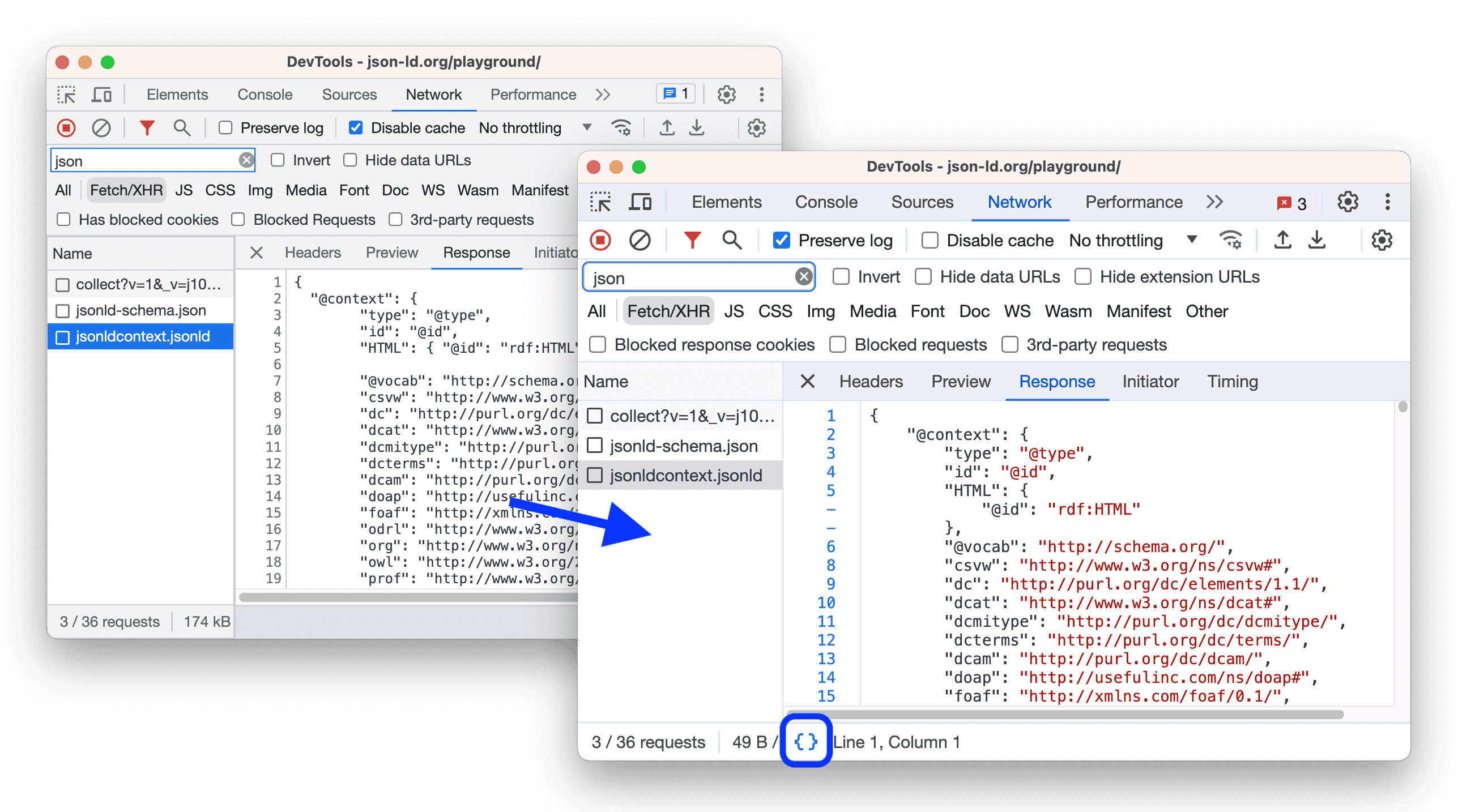 Antes e depois da análise de um subtipo application/json em uma visualização de resposta de rede.