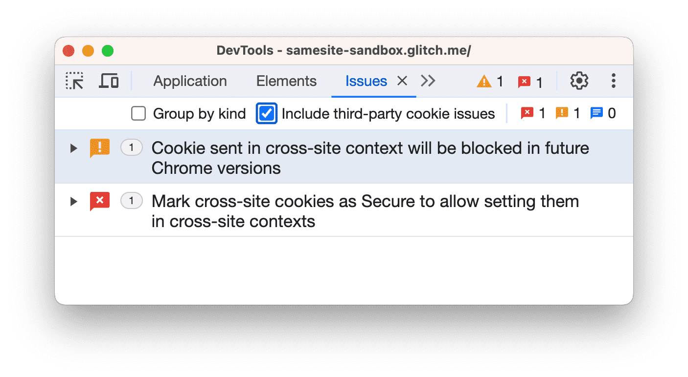 Problemas com cookies de terceiros informados na guia &quot;Problemas&quot;.