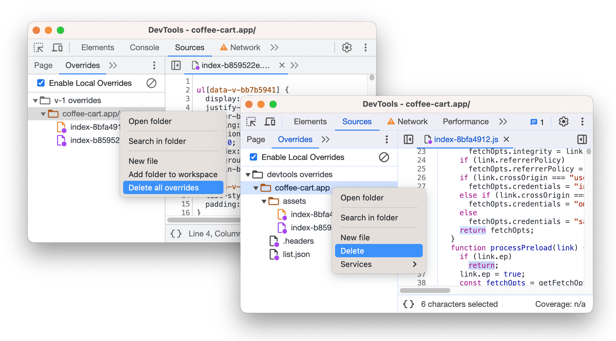 Before and after replacing 'Delete all overrides' with 'Delete'.