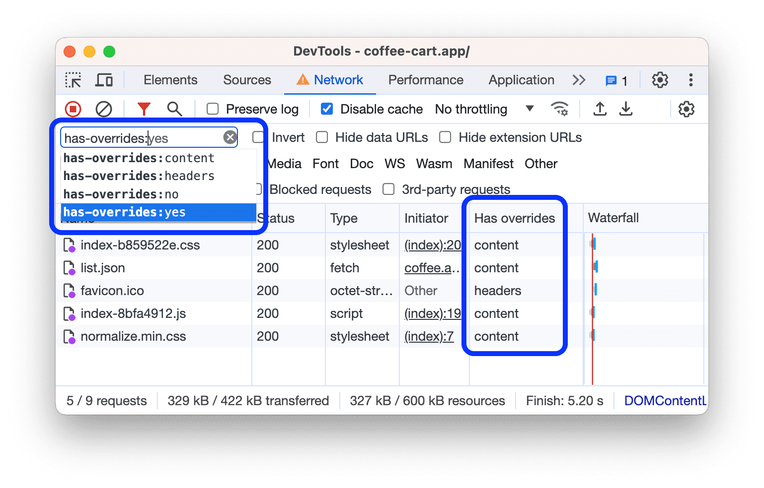 Filtering for 'has-overrides:yes' value in the 'Has overrides' column.