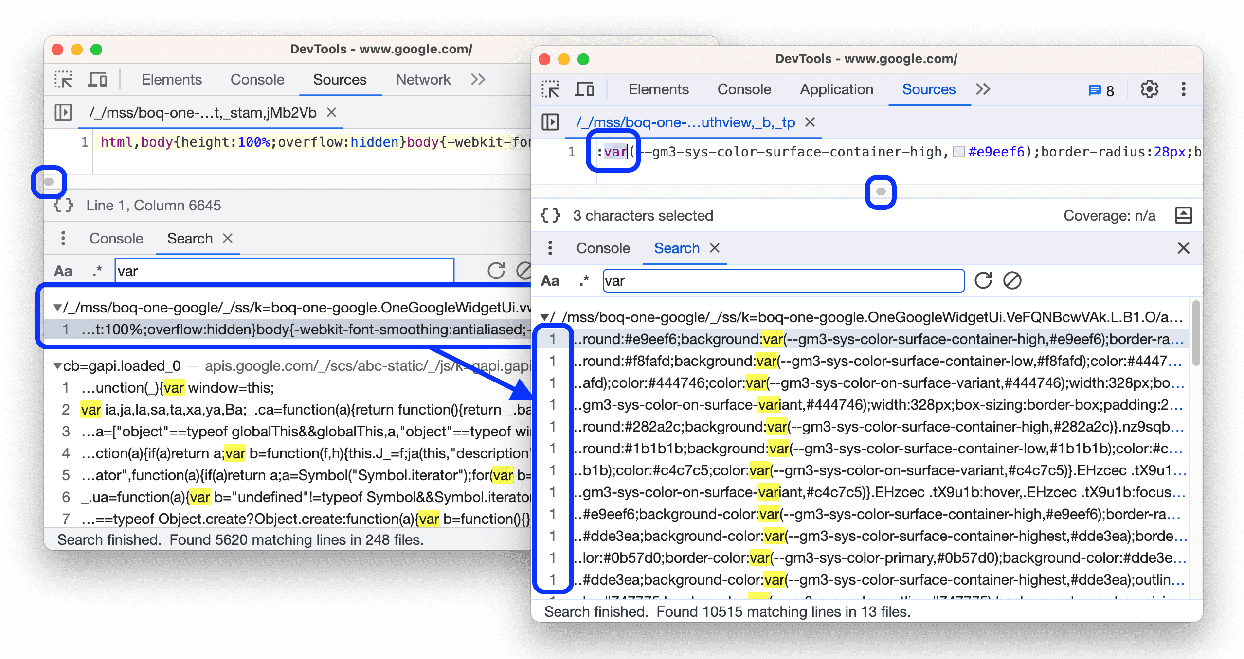 Der Vorher und nach dem Start der Suche zeigt alle Übereinstimmungen pro Zeile an.