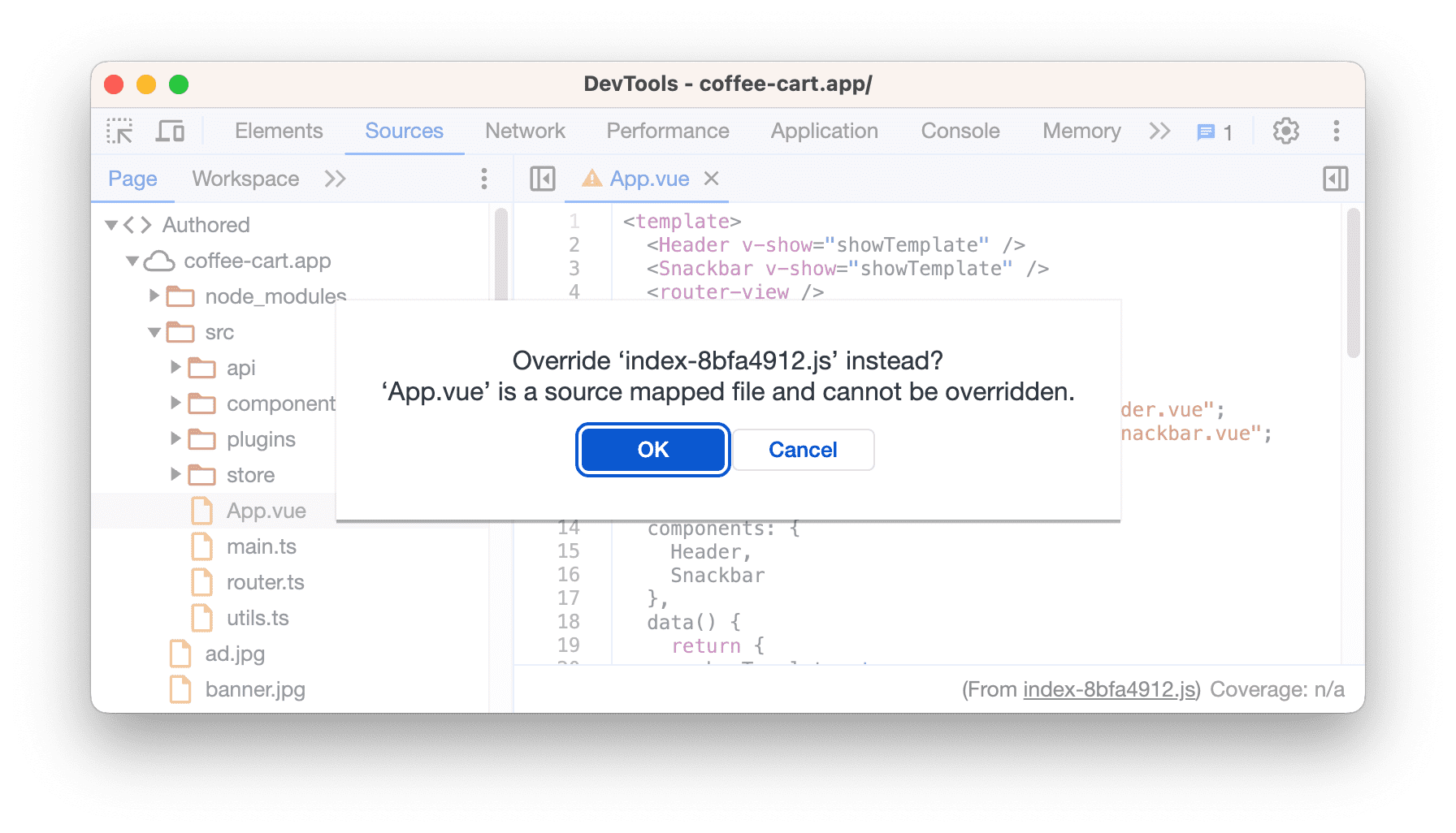 Boîte de dialogue qui vous permet d&#39;accéder au code d&#39;origine au lieu du fichier mappé source.