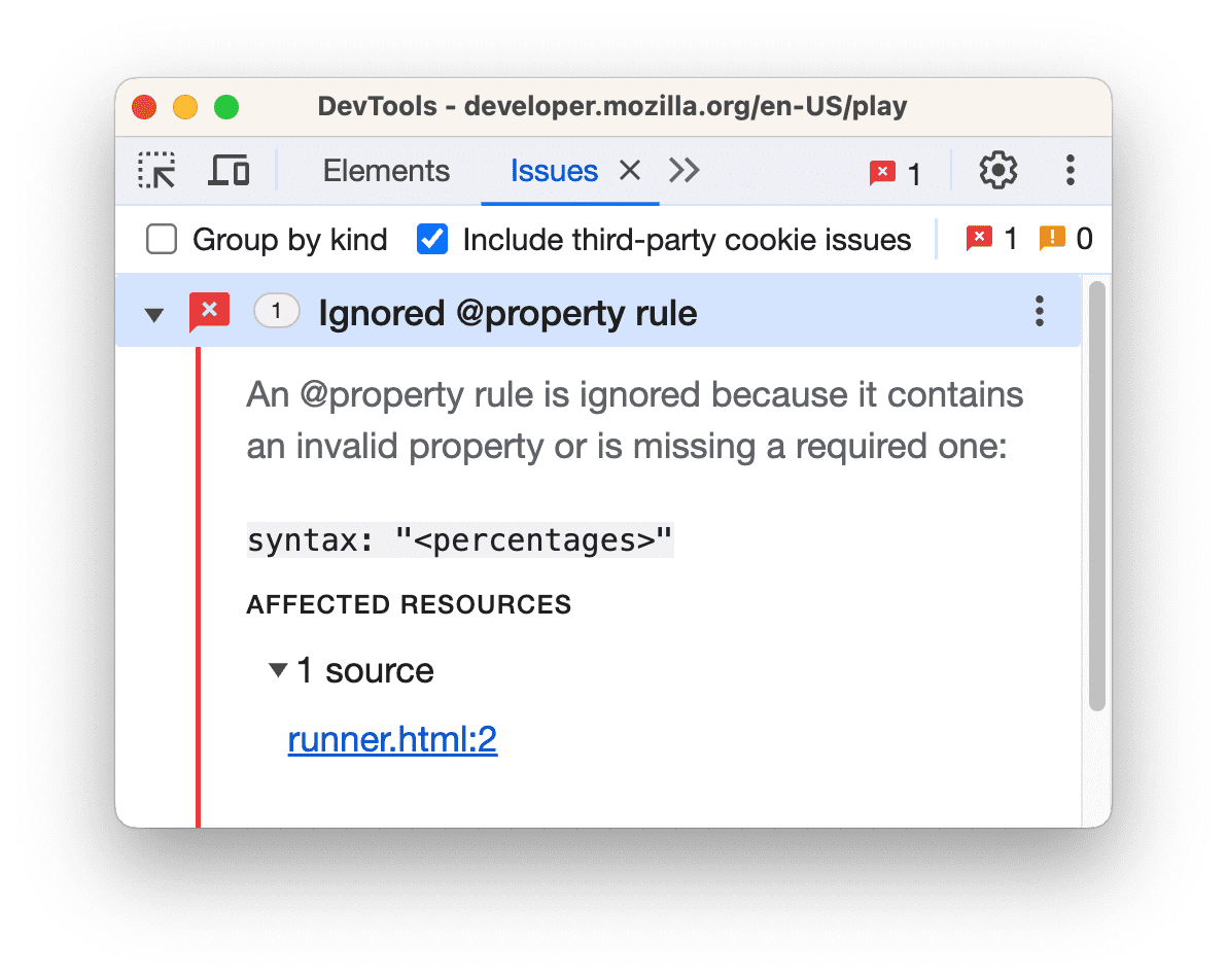 Um problema com a regra de propriedade informado na guia &quot;Problemas&quot;.