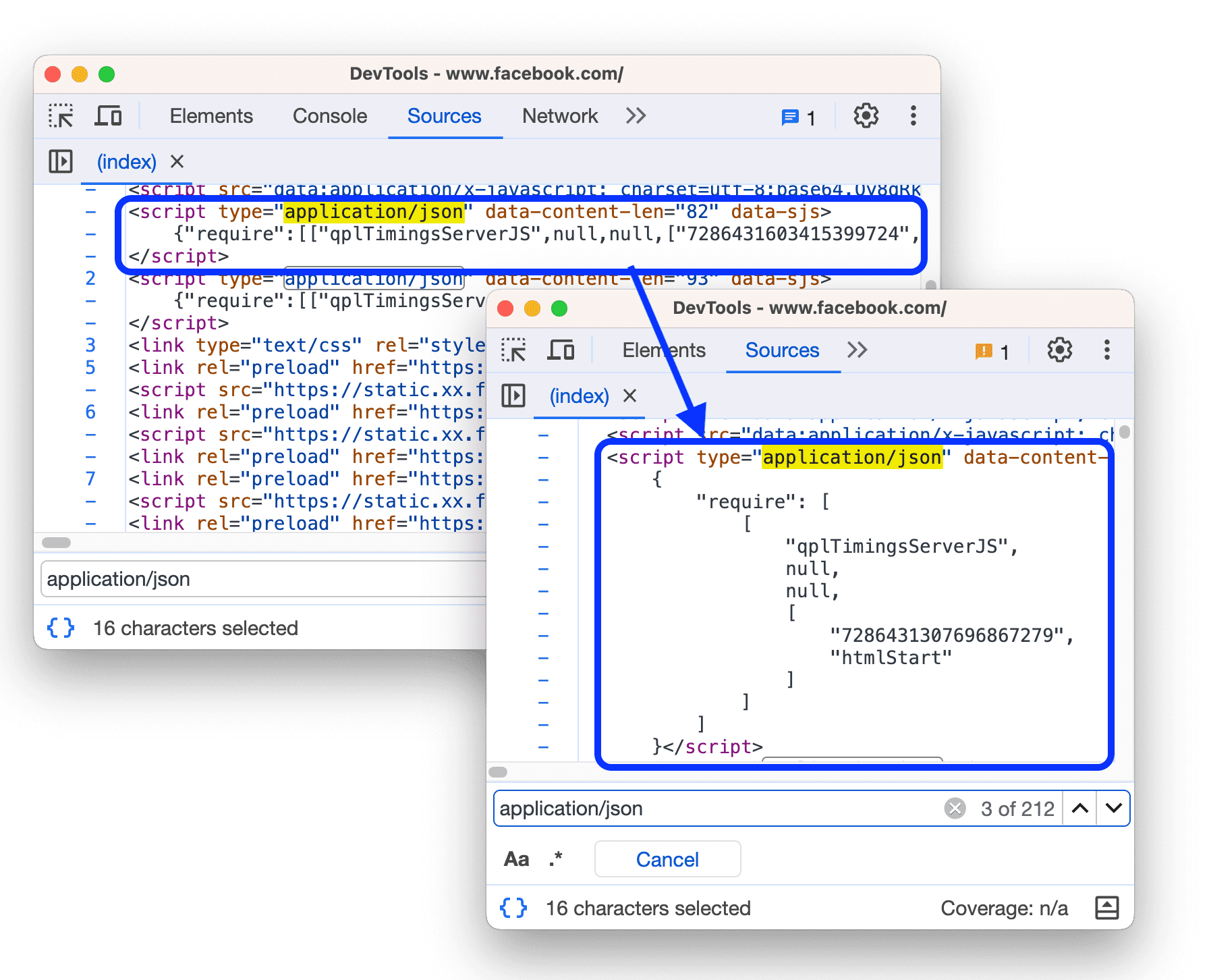 O JSON in-line antes e depois da formatação na tag do script.