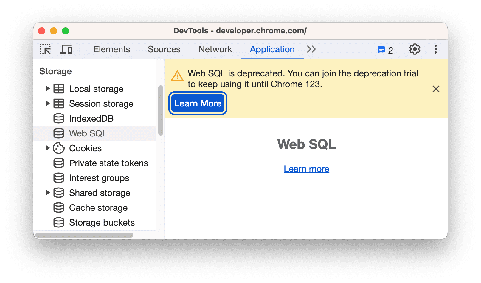 Ostrzeżenie o wycofaniu interfejsu Web SQL.