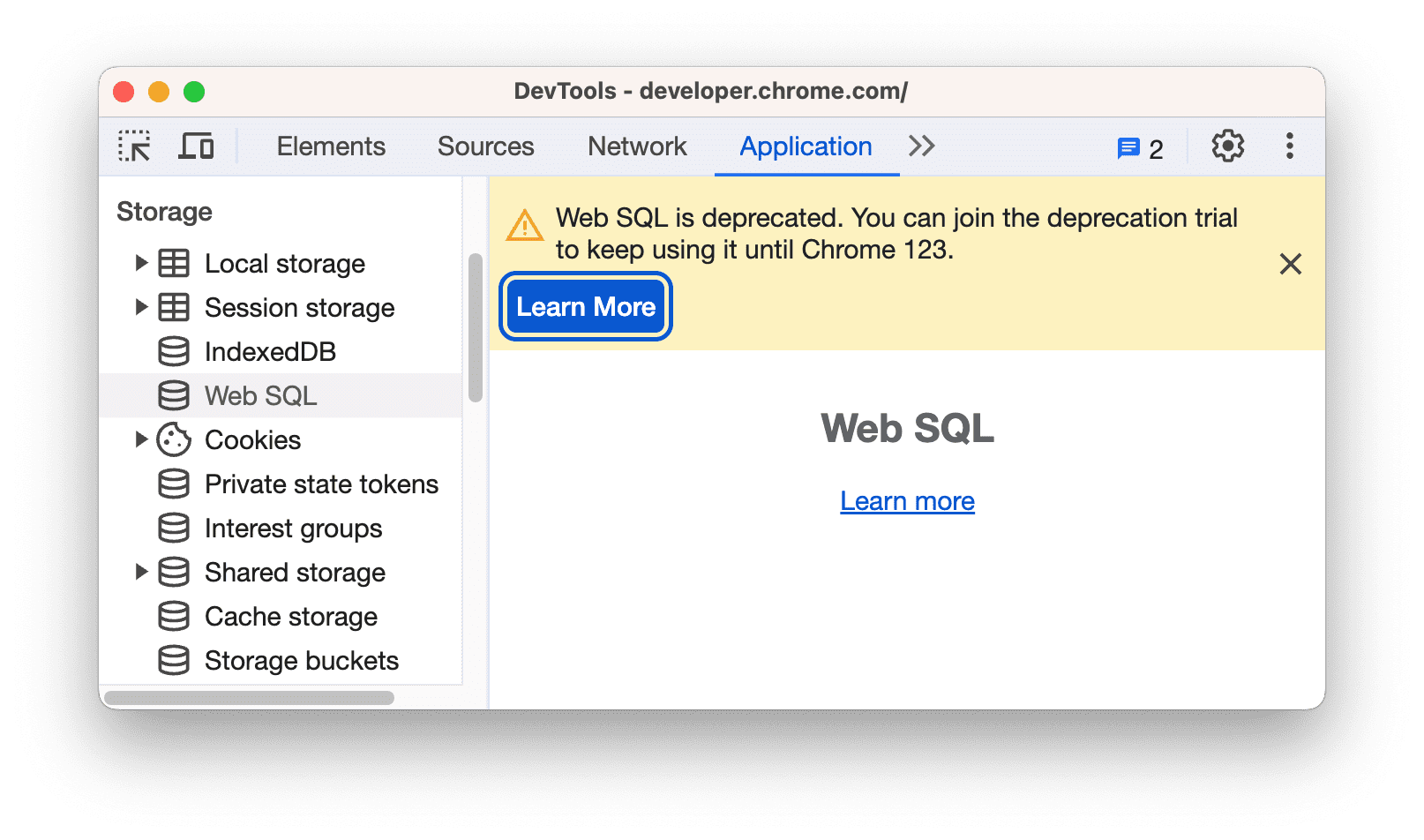 O aviso de descontinuação do Web SQL.