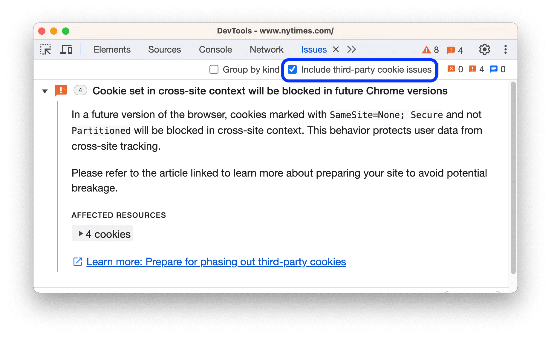 Auf dem Tab „Probleme“ wird eine Warnung zur bevorstehenden Einstellung von Drittanbieter-Cookies angezeigt.