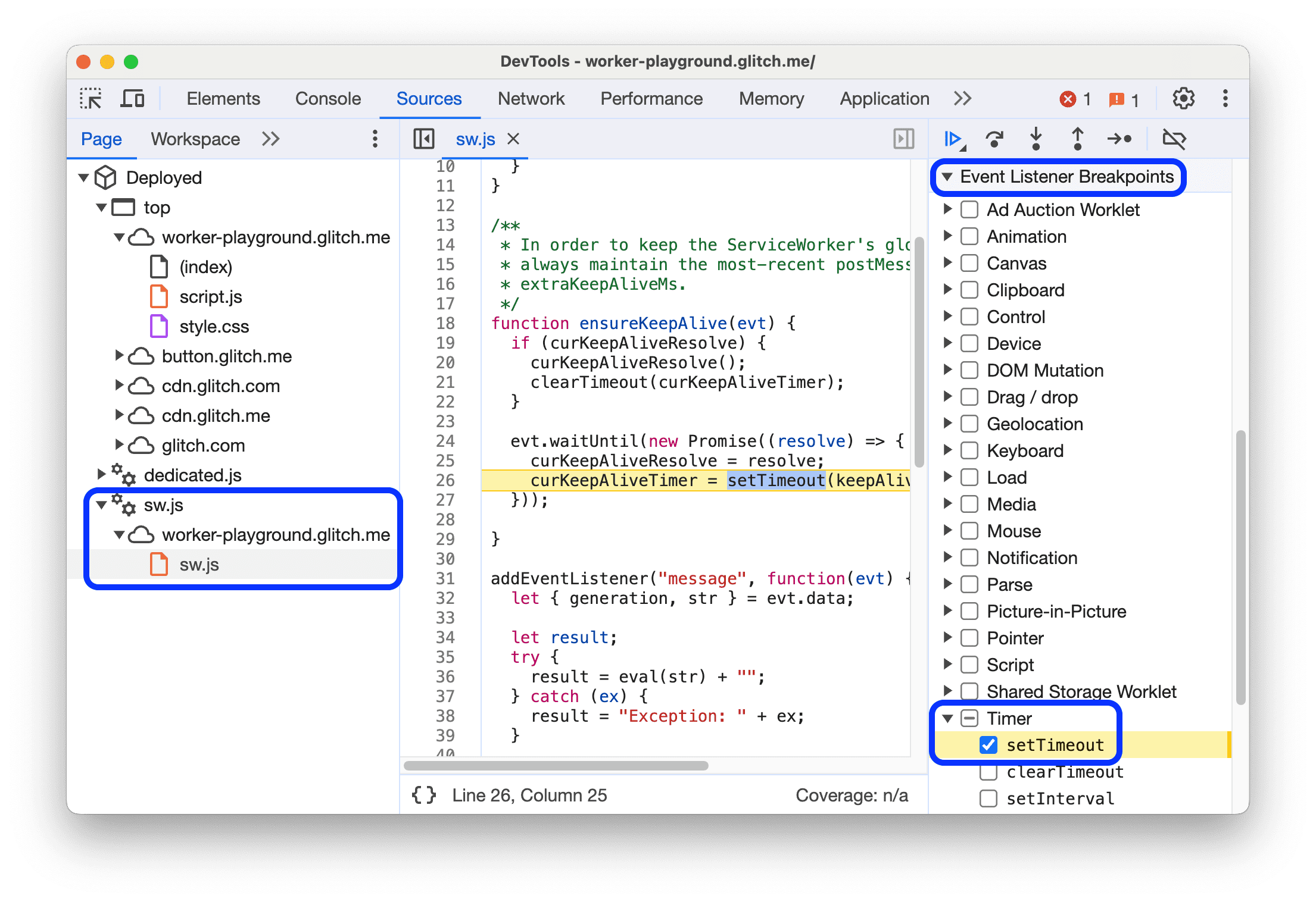 当 Service Worker 调用设置的超时函数时，Debugger 会暂停。