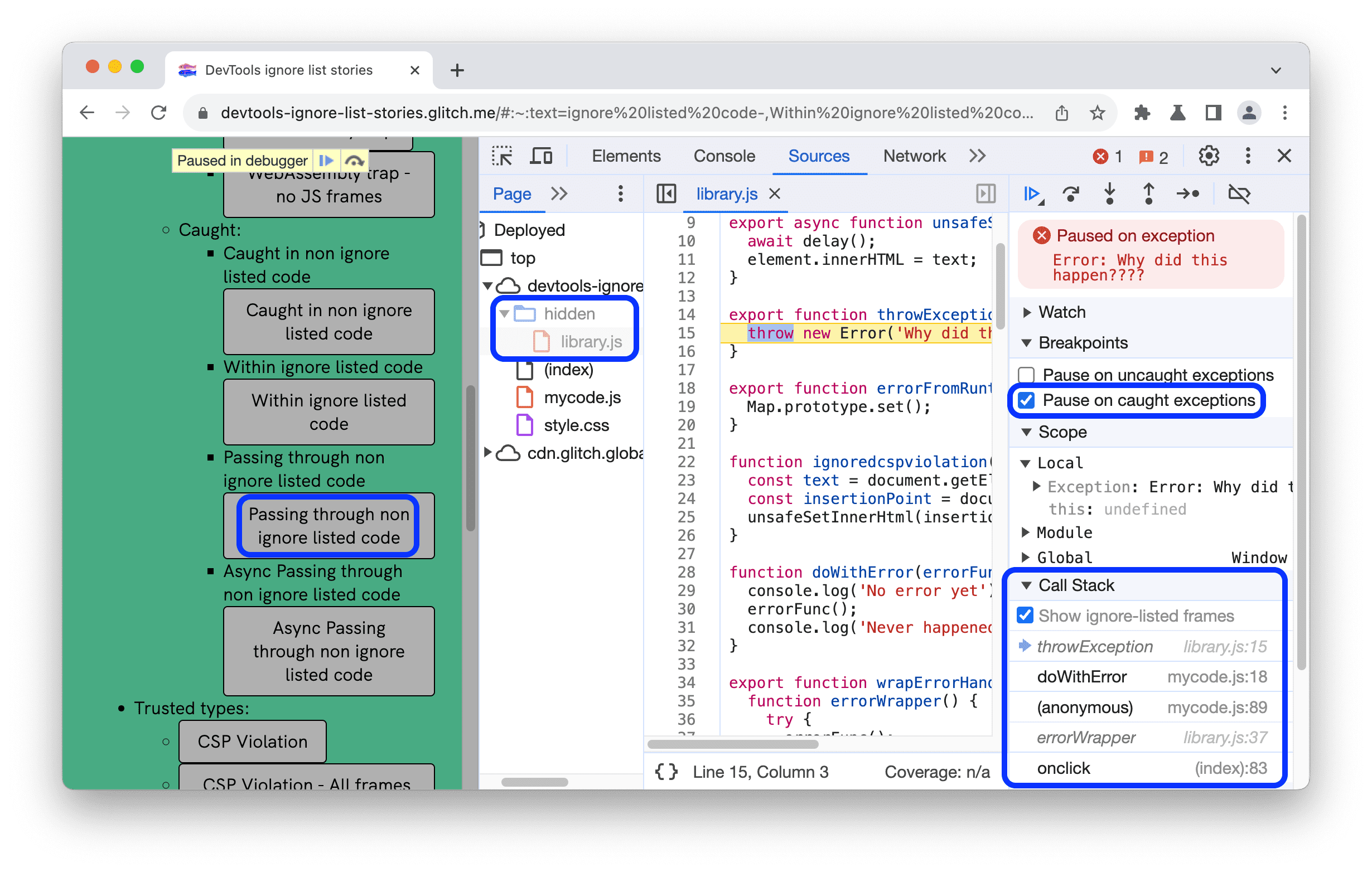 Suspendre sur une exception détectée qui a traversé du code non ignoré.