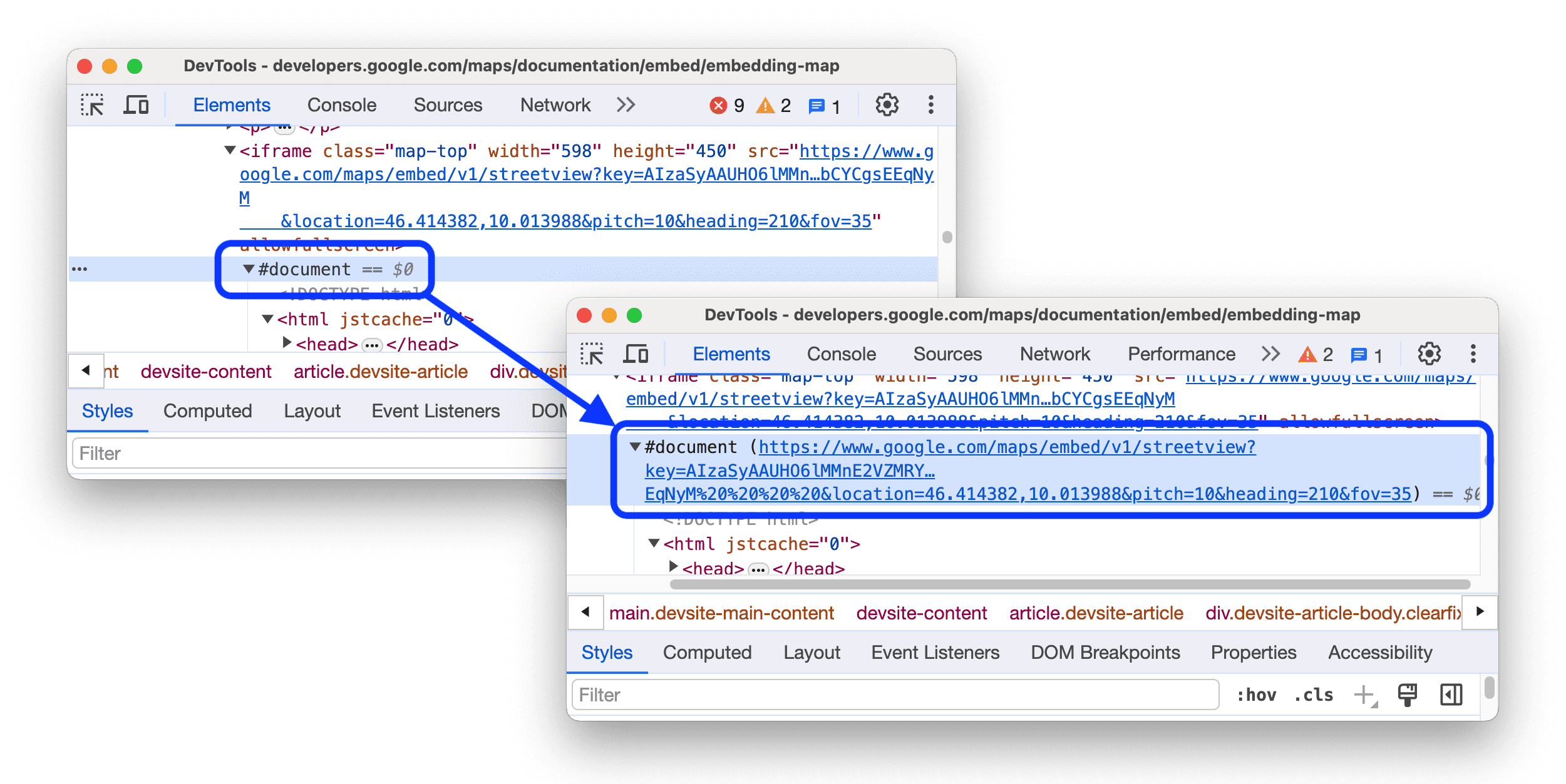 Przed i po widać element documentURL obok węzła #document.