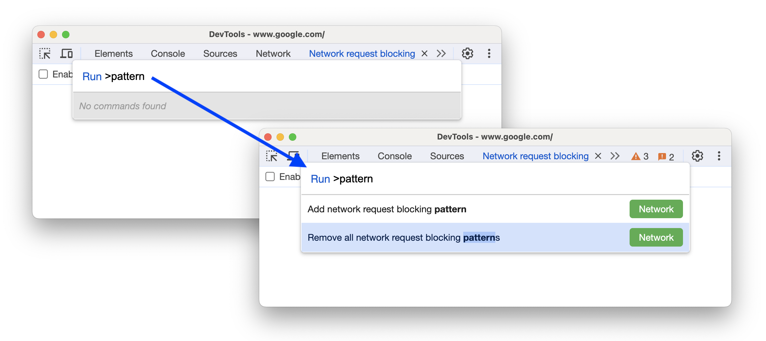 ネットワーク ブロック パターンを追加または削除する新しいコマンドの追加前と追加後。