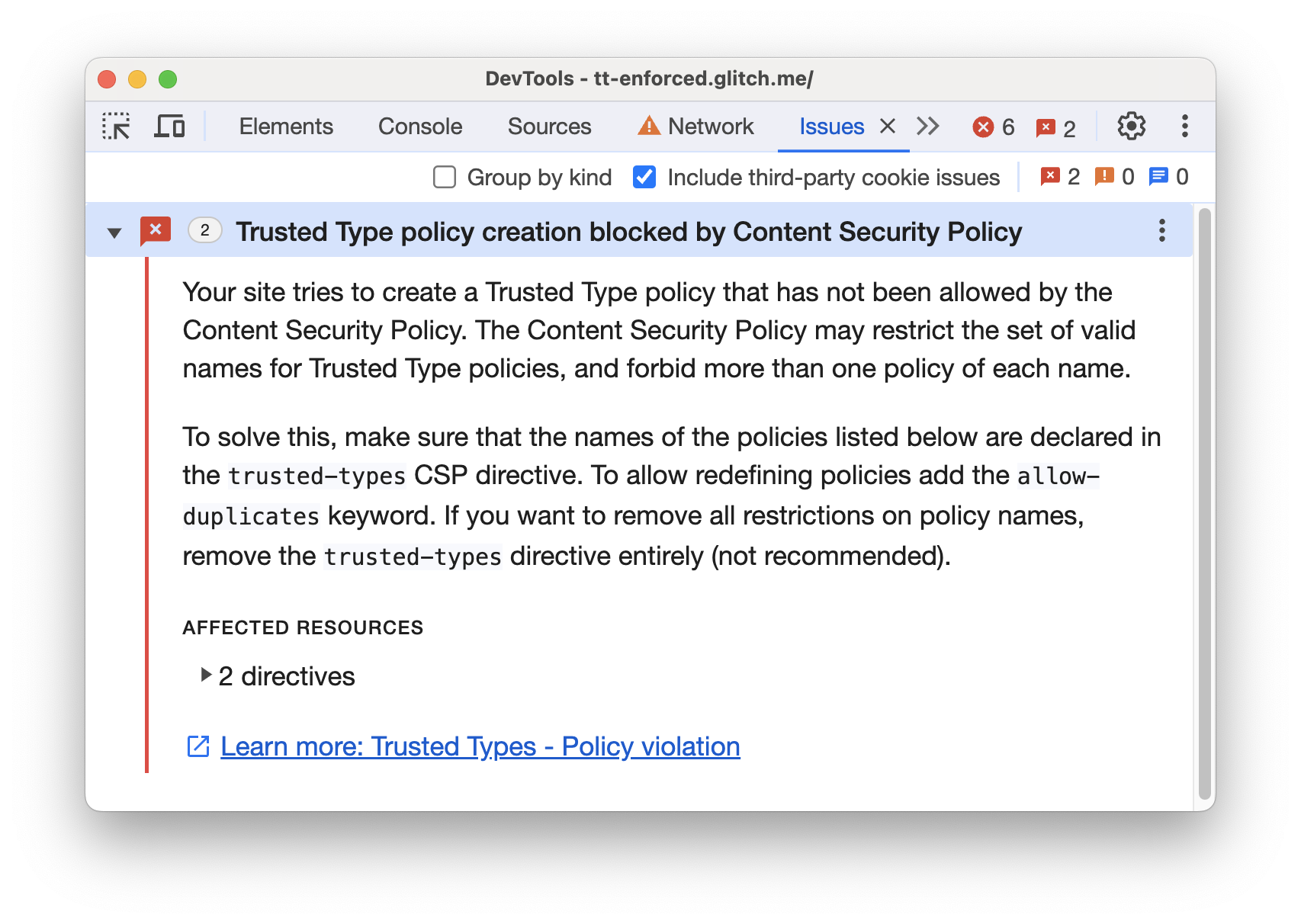 The Content Security Policy in the Application panel.