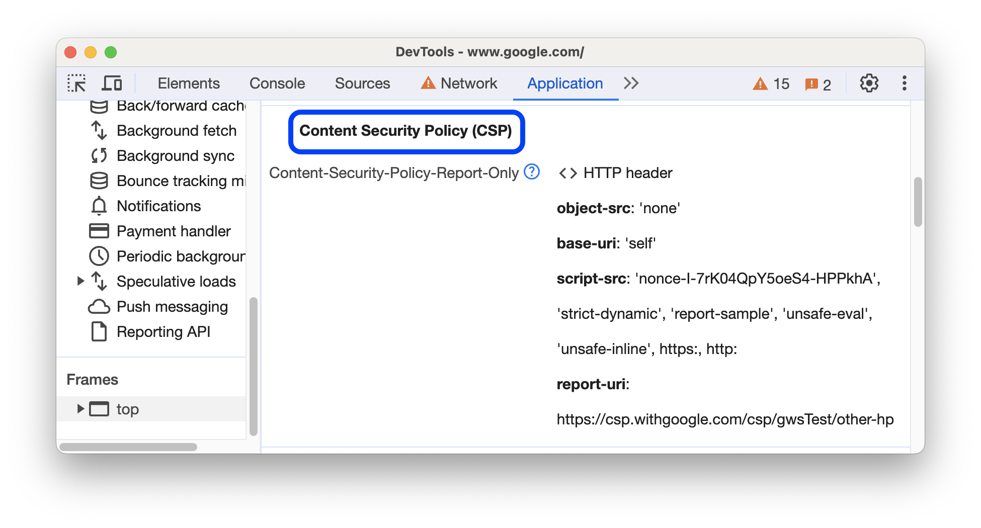 Le norme Content Security Policy nel riquadro Applicazione.