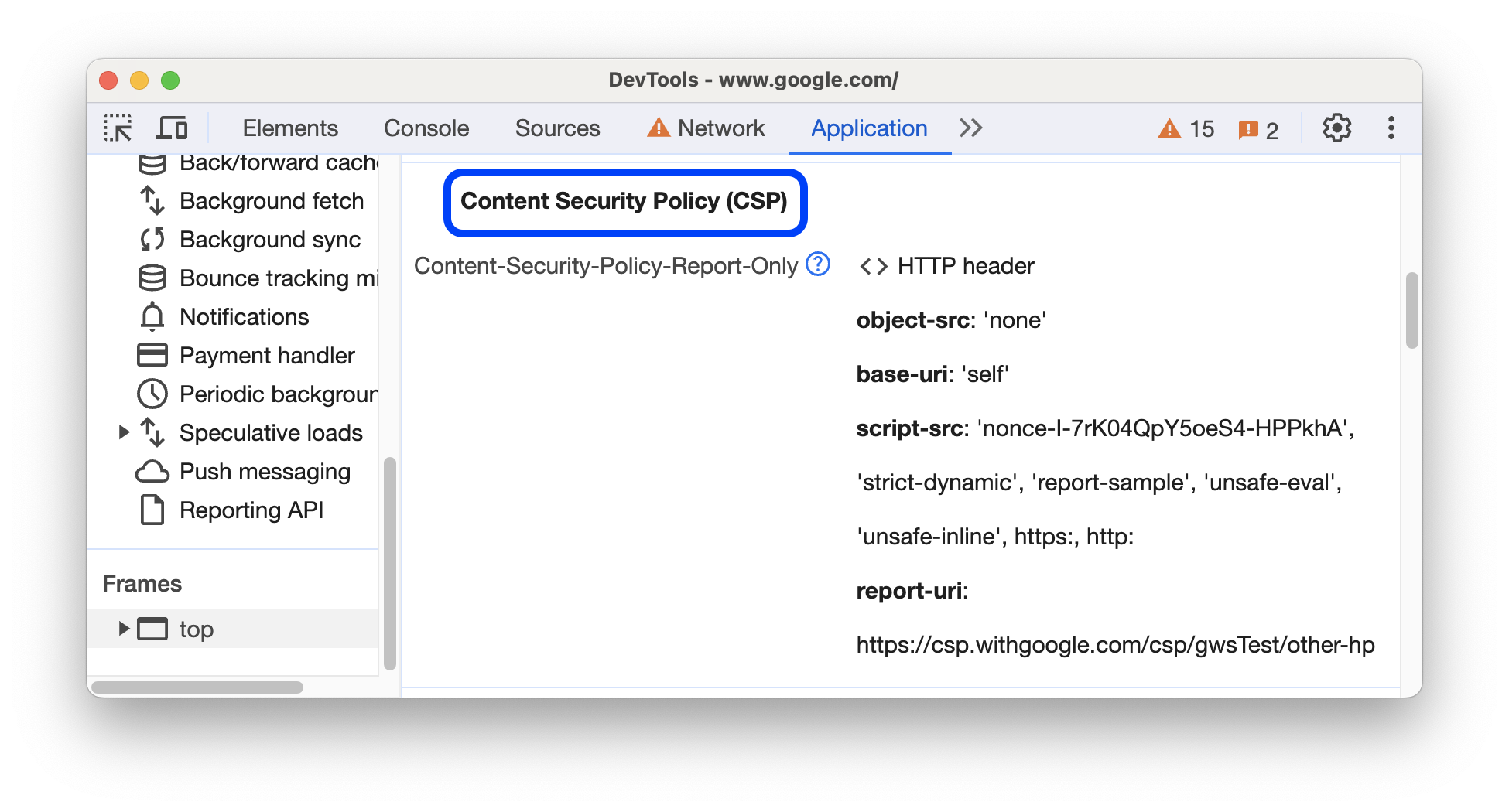 Content Security Policy w panelu Application.