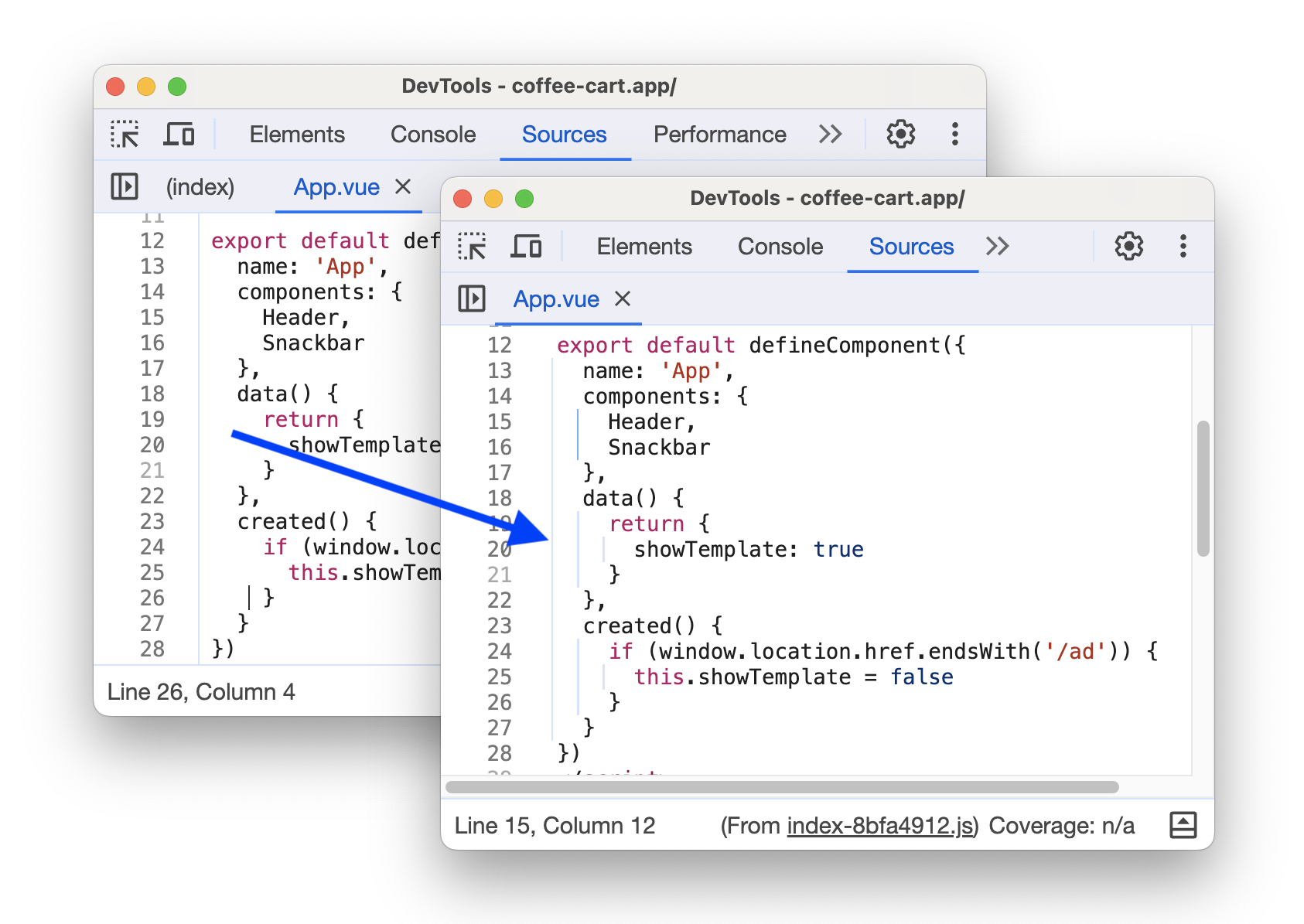 The before and after marking indented code blocks with vertical lines.