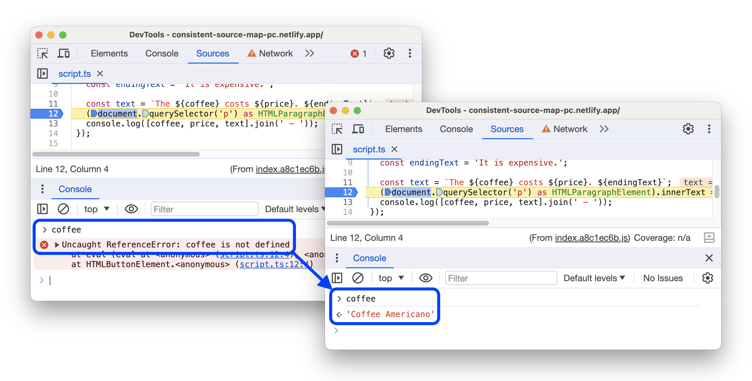 État des variables d&#39;origine avant et après l&#39;évaluation dans la console.