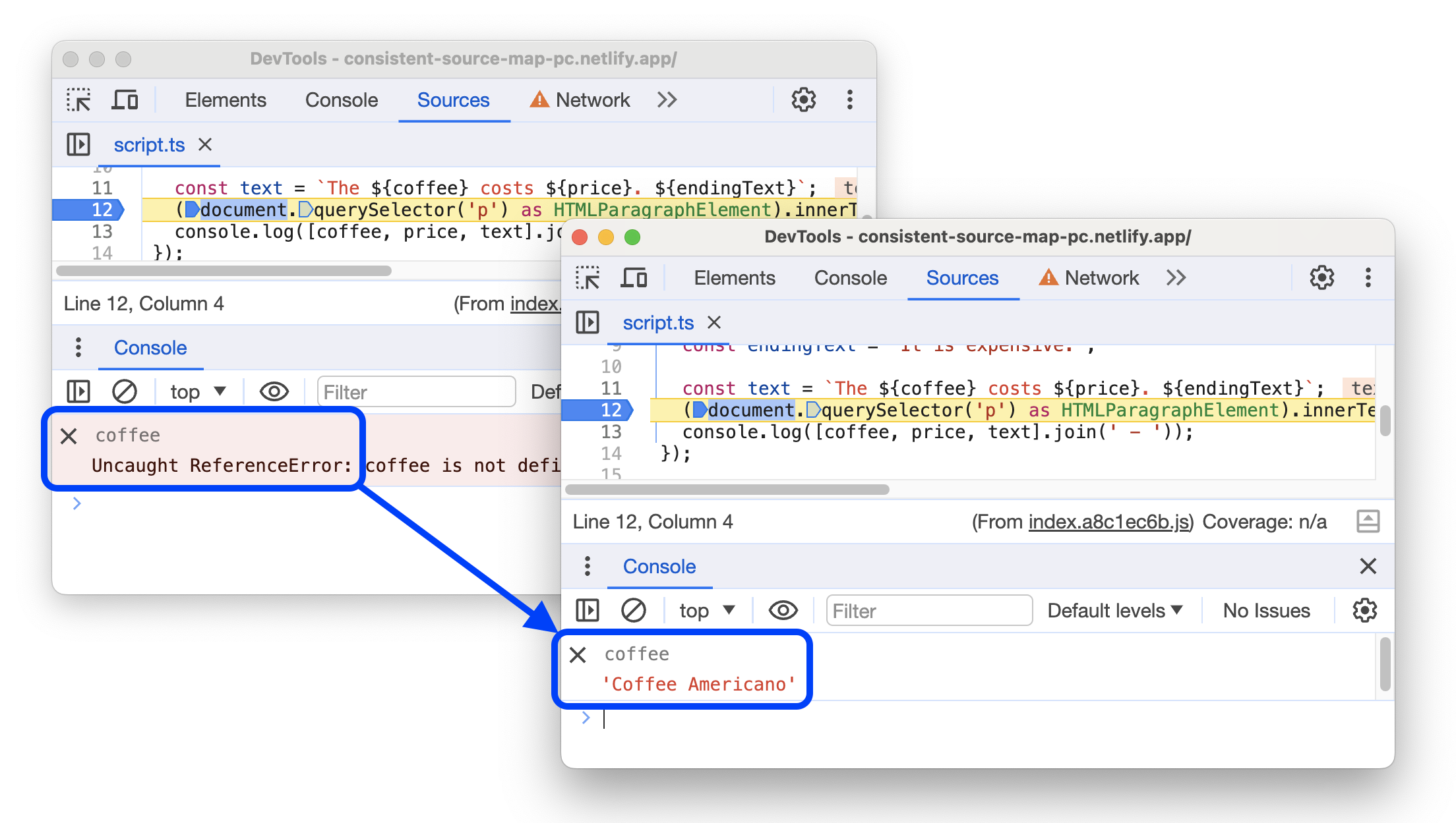 Die ursprünglichen Variablen vor und nach der Auswertung als Live-Ausdrücke in der Console.