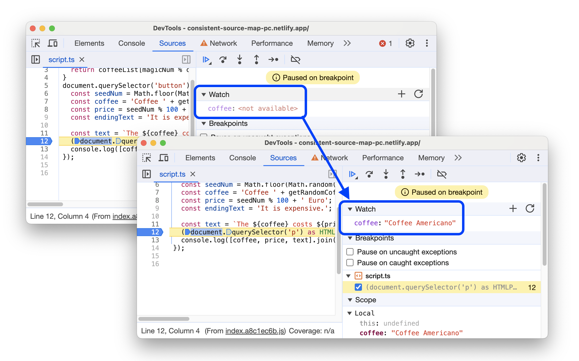 Sebelum dan sesudah melihat variabel asli di Debugger.