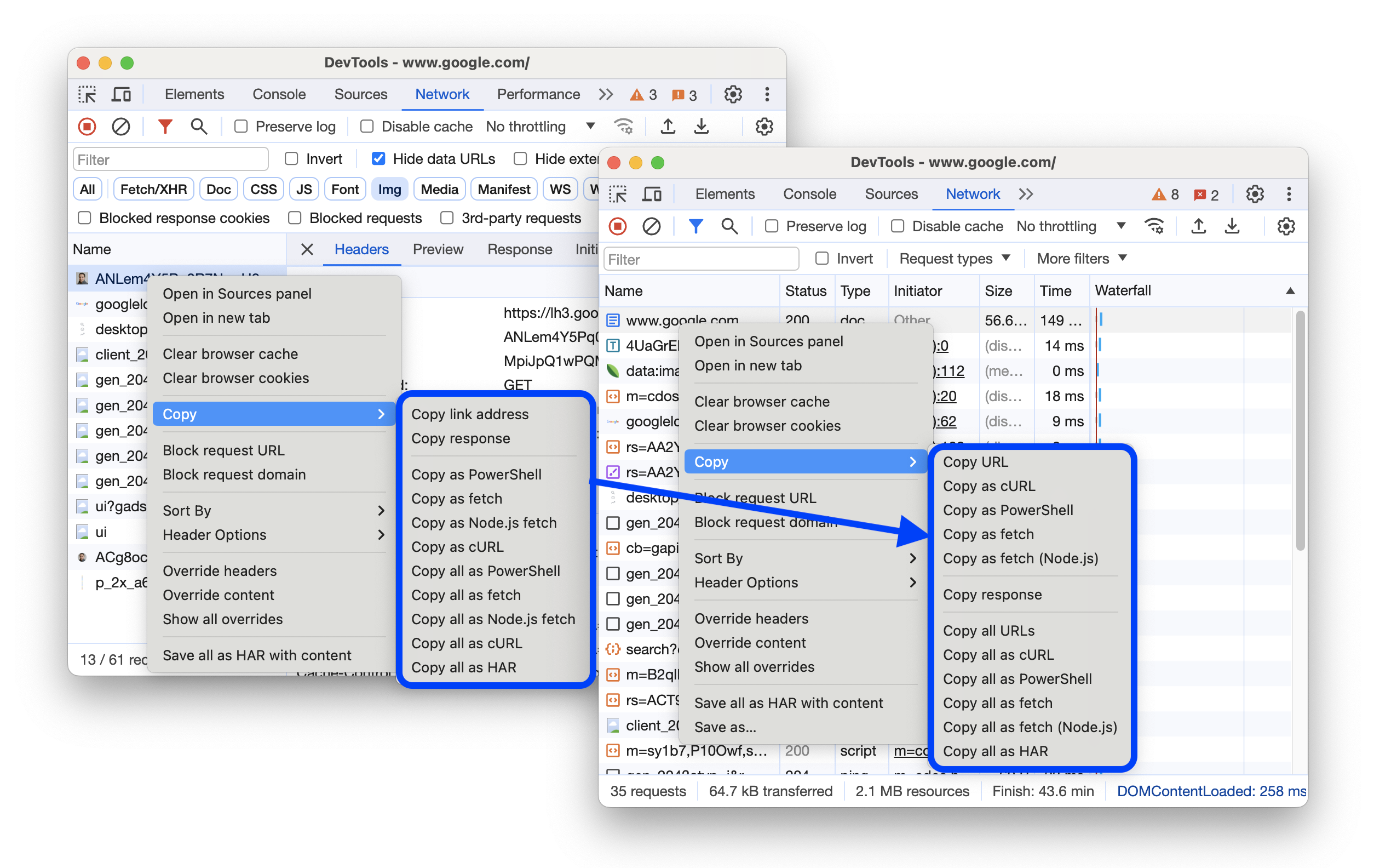 Sebelum dan sesudah meningkatkan submenu {i>Copy<i}.