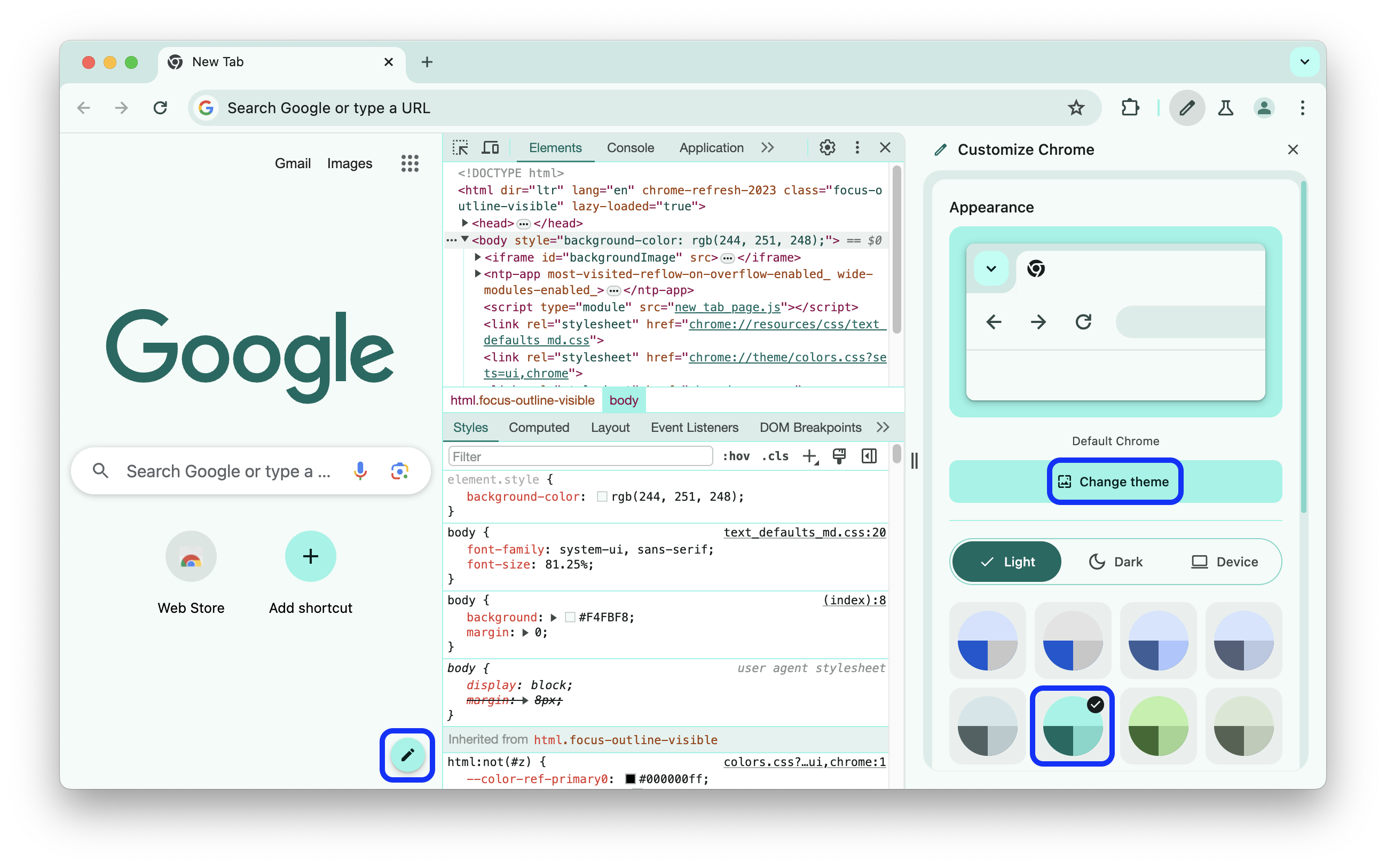 DevTools mencocokkan tema warna yang dipilih di Tampilan.