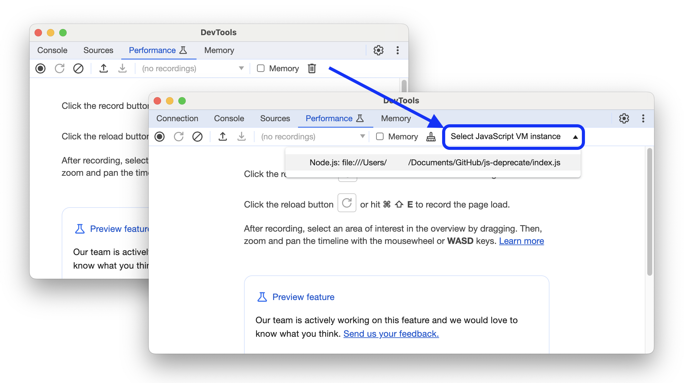 El antes y el después y un nuevo menú que te permite seleccionar una instancia de VM de JavaScript.