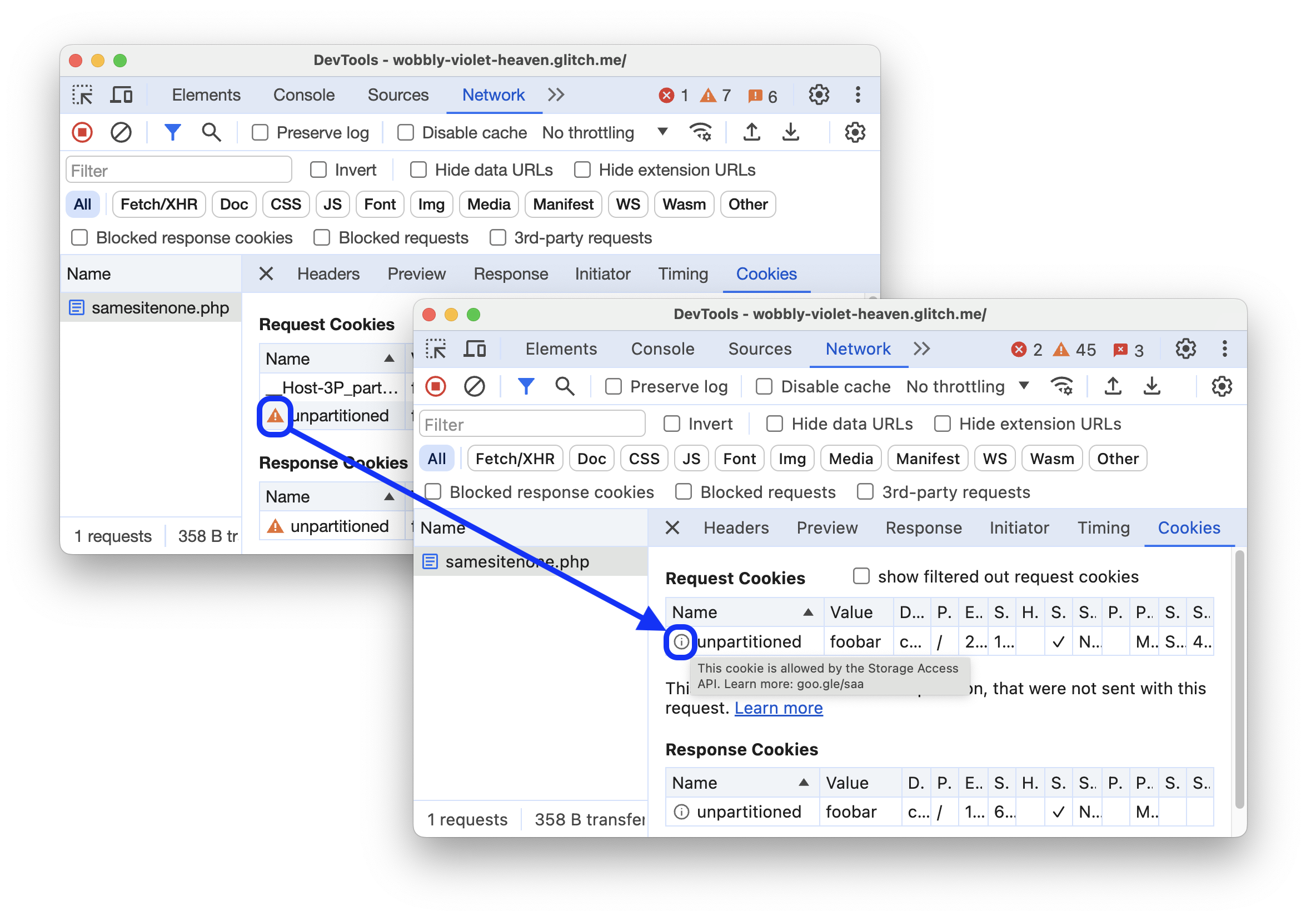 El antes y el después muestran un cuadro de información con un motivo de exención para una cookie de terceros.