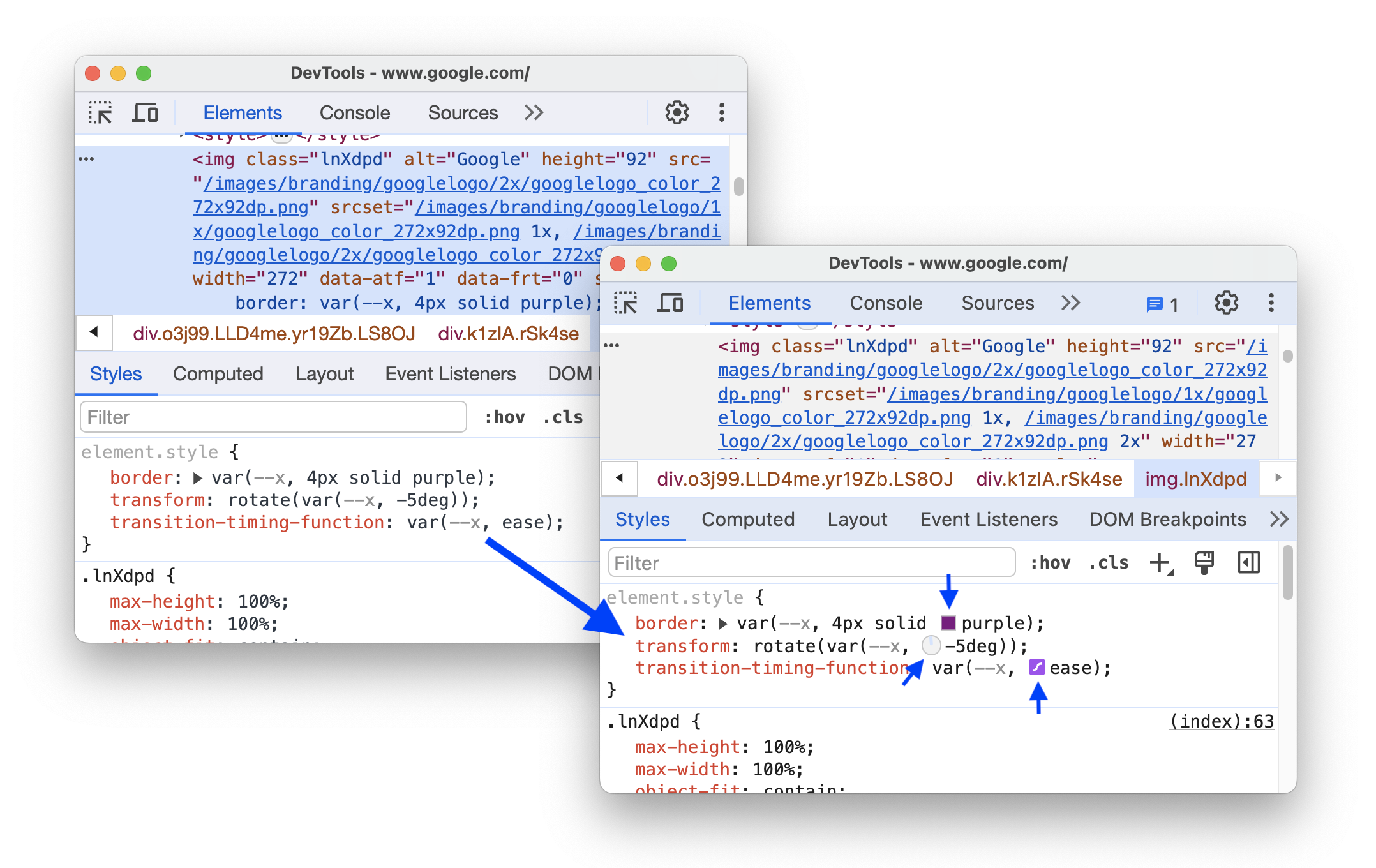 Las herramientas Selector de color, Reloj de ángulo y Editor de suavización antes y después de la renderización en los resguardos de var().