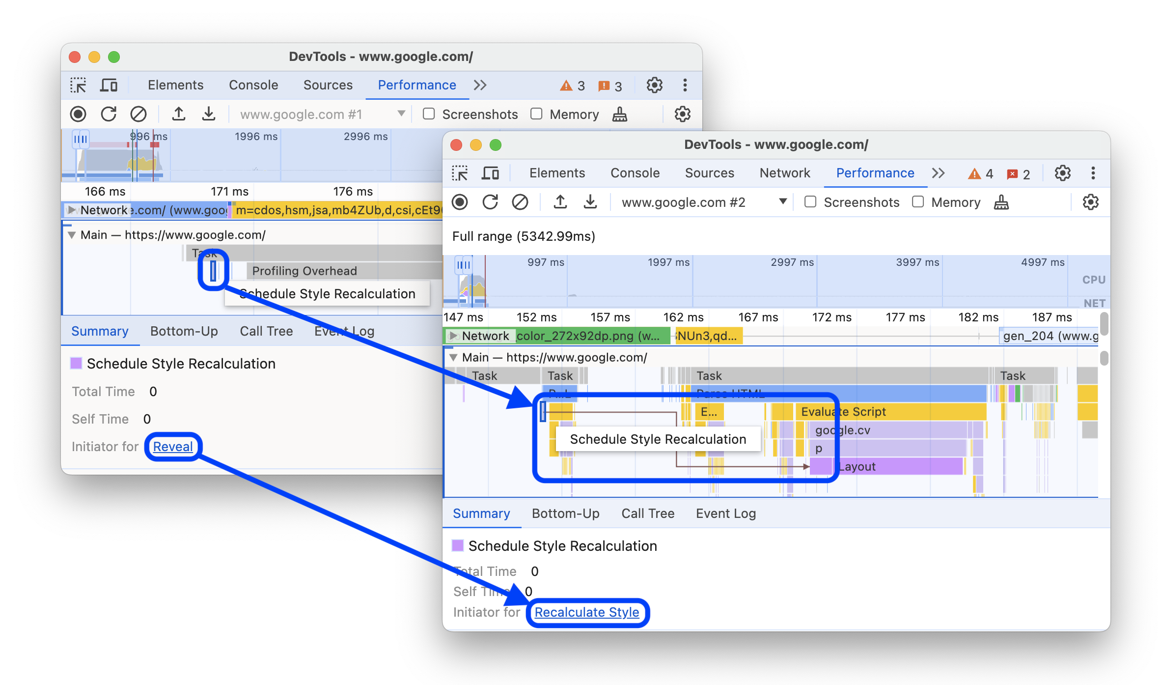 O antes e depois mostrando setas de eventos selecionados para iniciados e links nomeados em vez de Revelar.